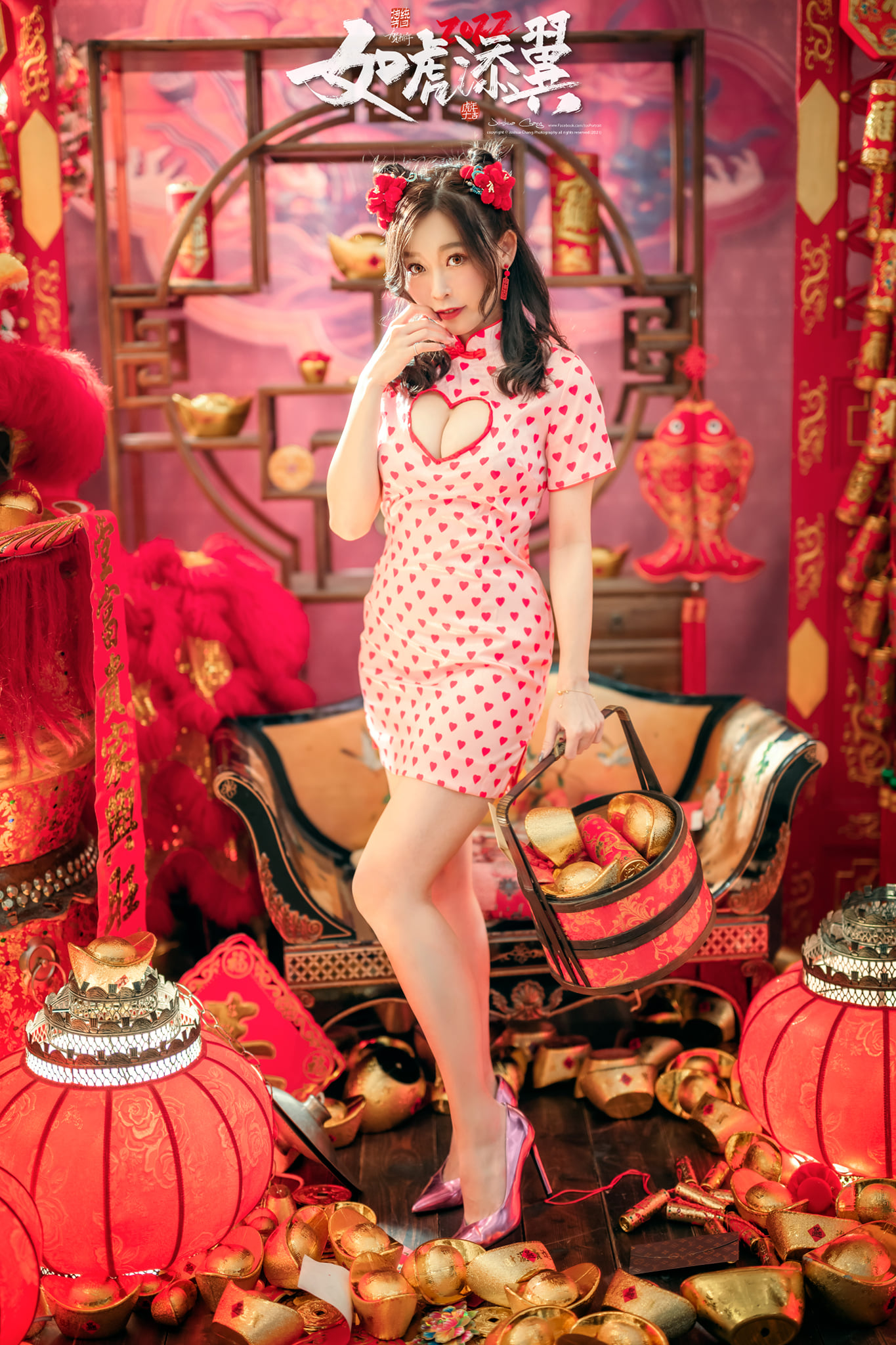 Polka Dots Dress Asian Women Oriental Long Hair Brunette Red Touching Face Finger On Lips Joshua Cha 1365x2048