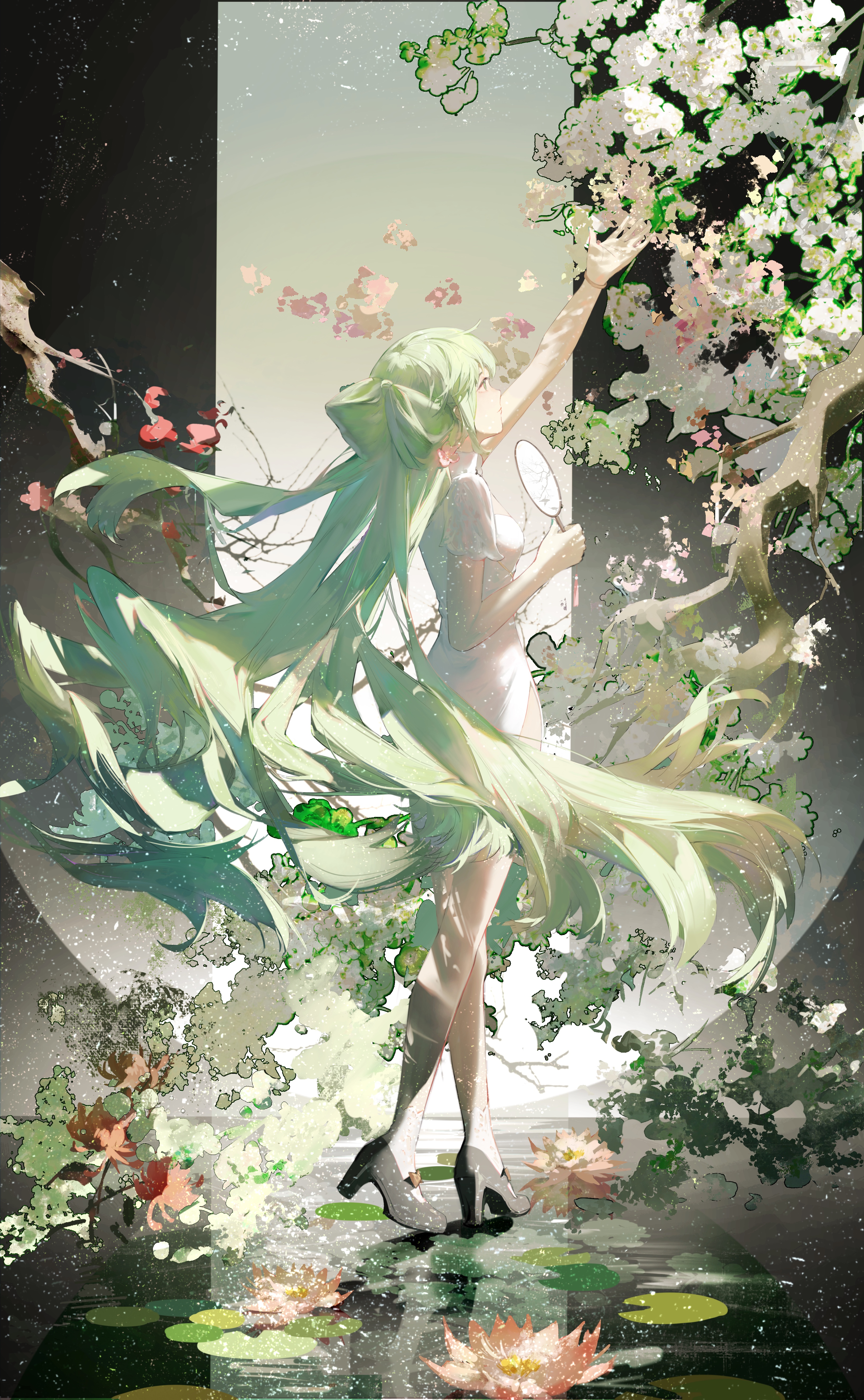 Anime Anime Girls Flowers White Dress Long Hair Green Hair Green Eyes Water Lilies Fans Water Lookin 3270x5296