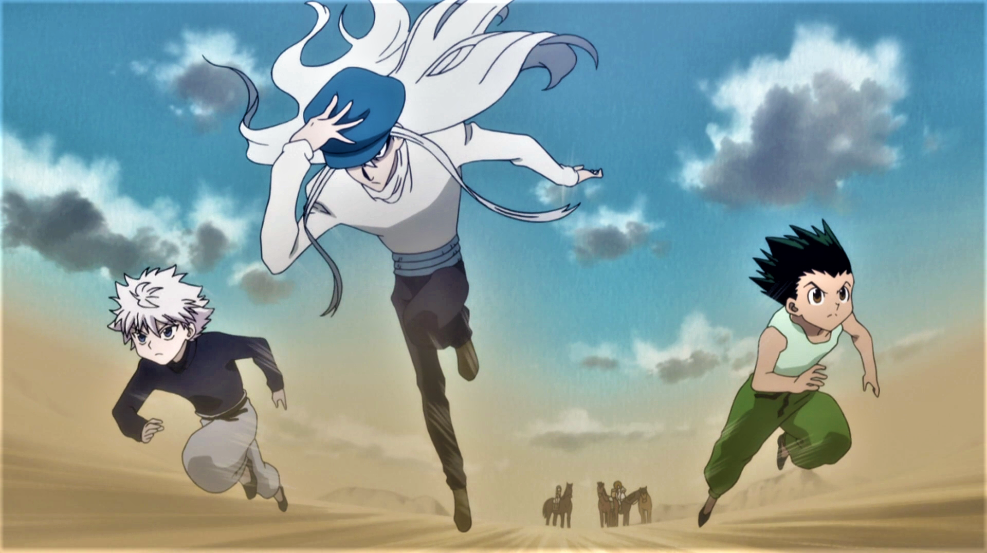 Hunter X Hunter Killua Zoldyck Gon Freecss Kite Running Sky Clouds White Hair Green Hair Anime Anime 1920x1076