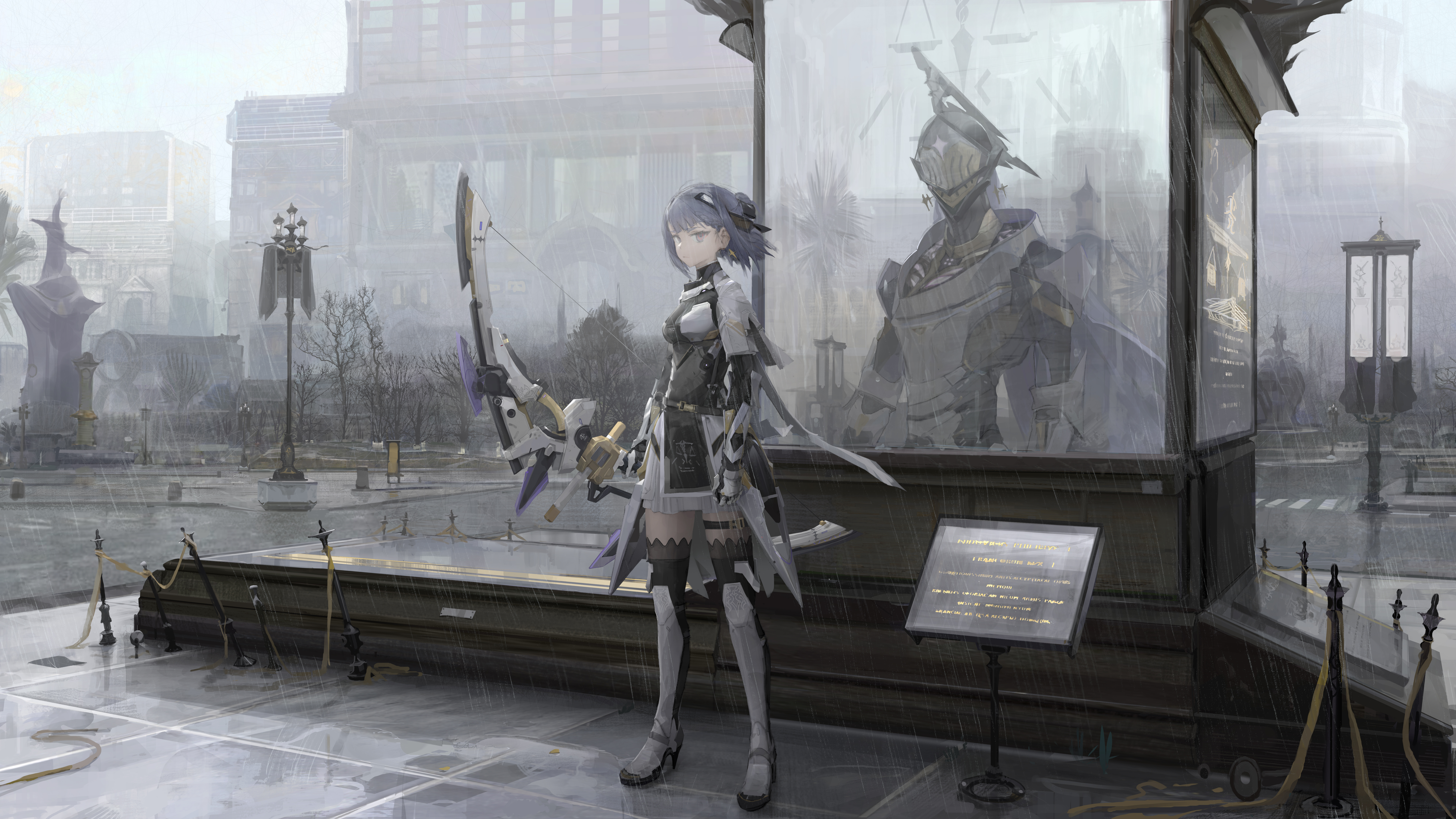 Armor Girls With Bows Punishing Gray Raven Alisa Punishing Gray Raven Standing Rain Building City Sh 7680x4320