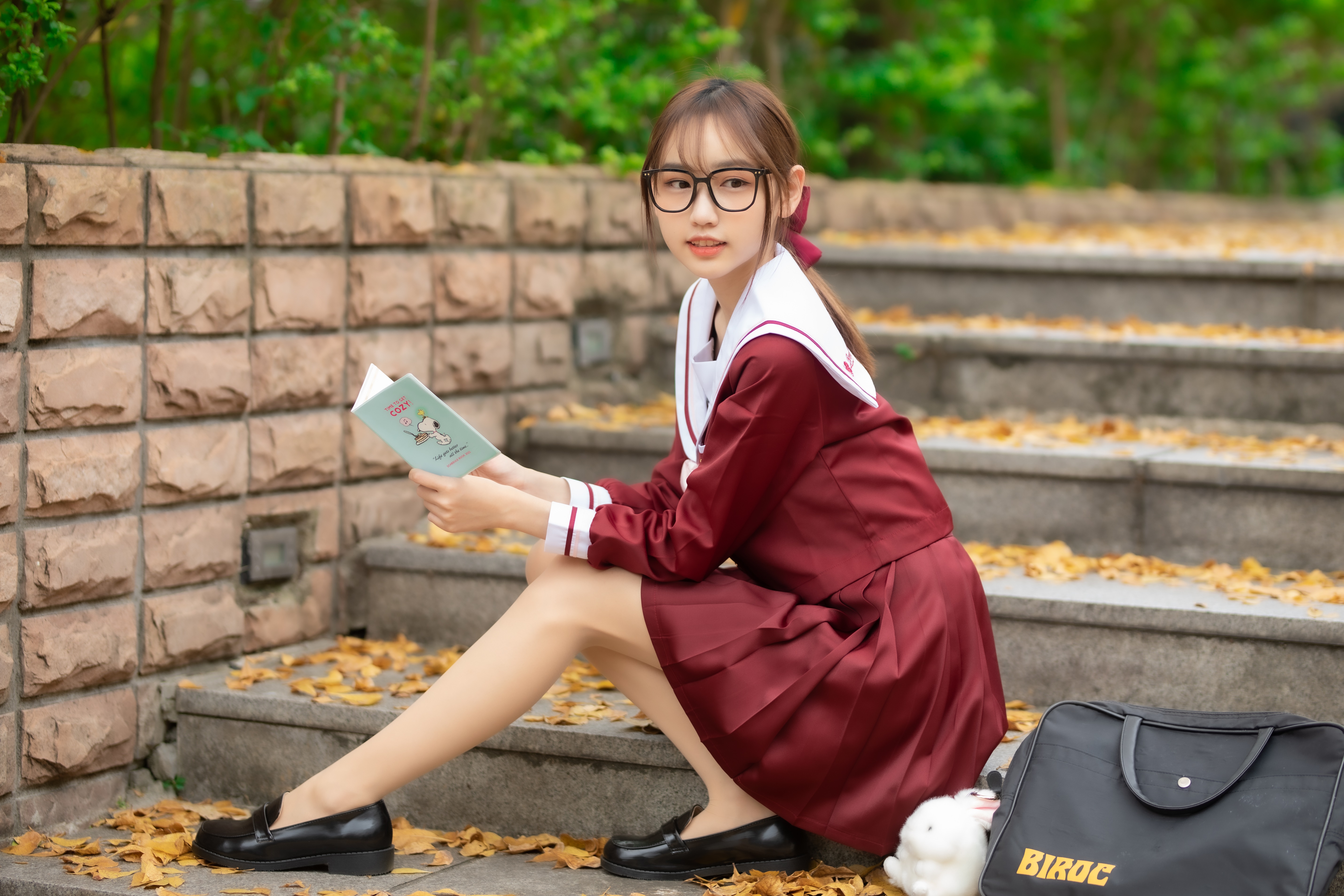 Asian Model Women Long Hair Dark Hair Stairs Depth Of Field Glasses Ponytail School Uniform Sitting  5720x3813