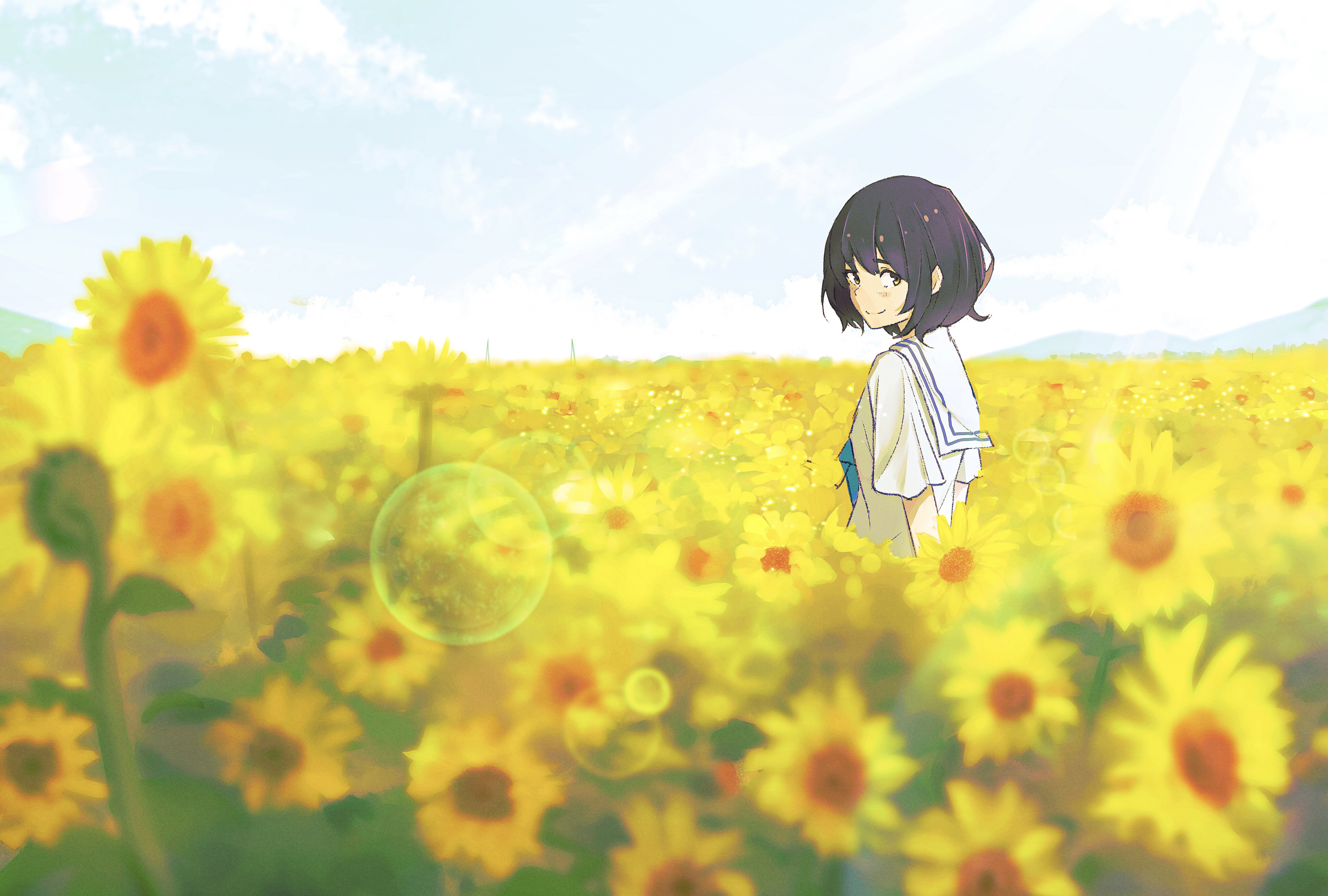 Anime Girls Anime Sunflowers Black Hair School Uniform Field Looking At Viewer Oka Kojiro Flowers Sc 4090x2759