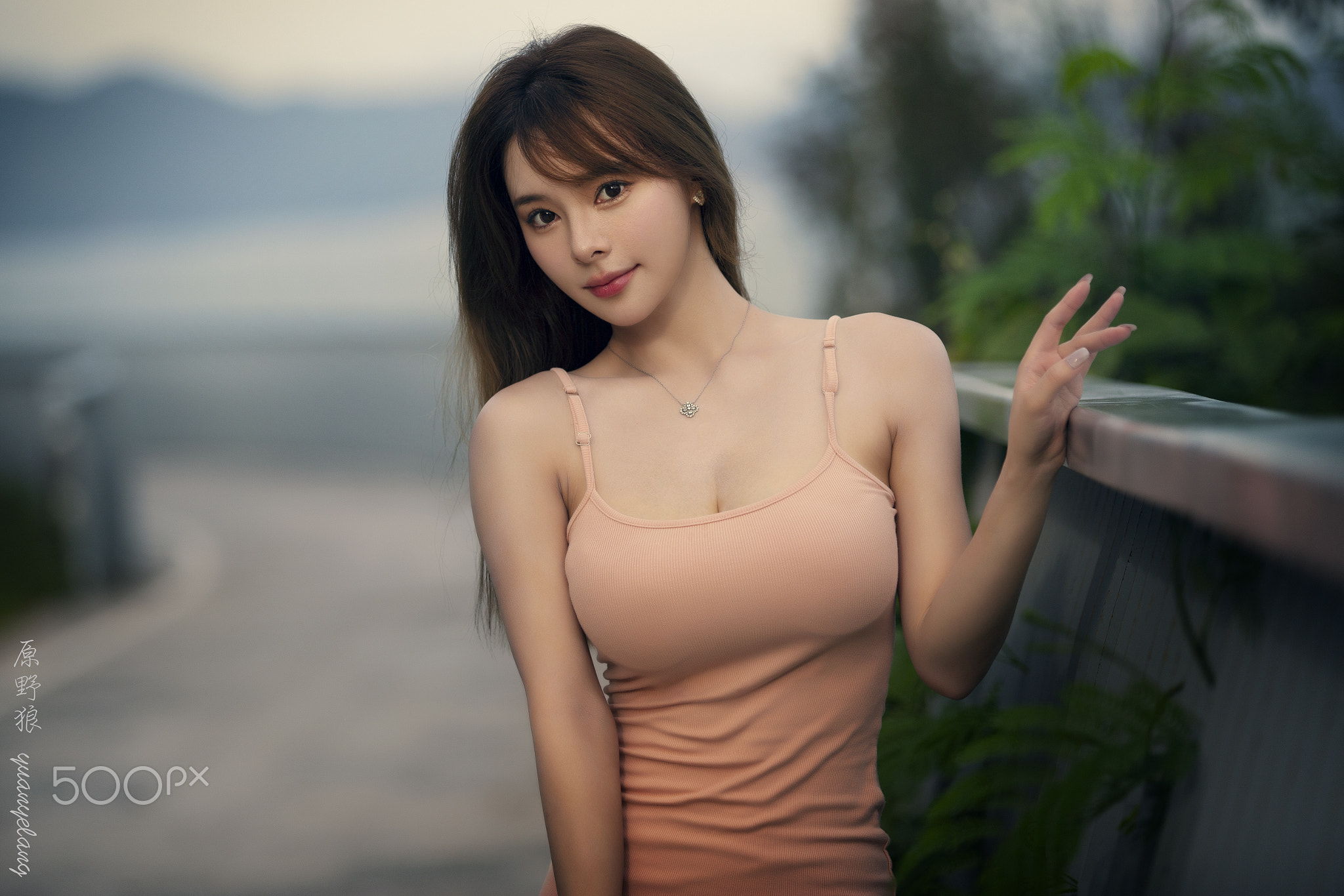 Yuan Yelang Women Asian Long Hair Looking At Viewer Makeup Pink Clothing Necklace Plants Depth Of Fi 2048x1366