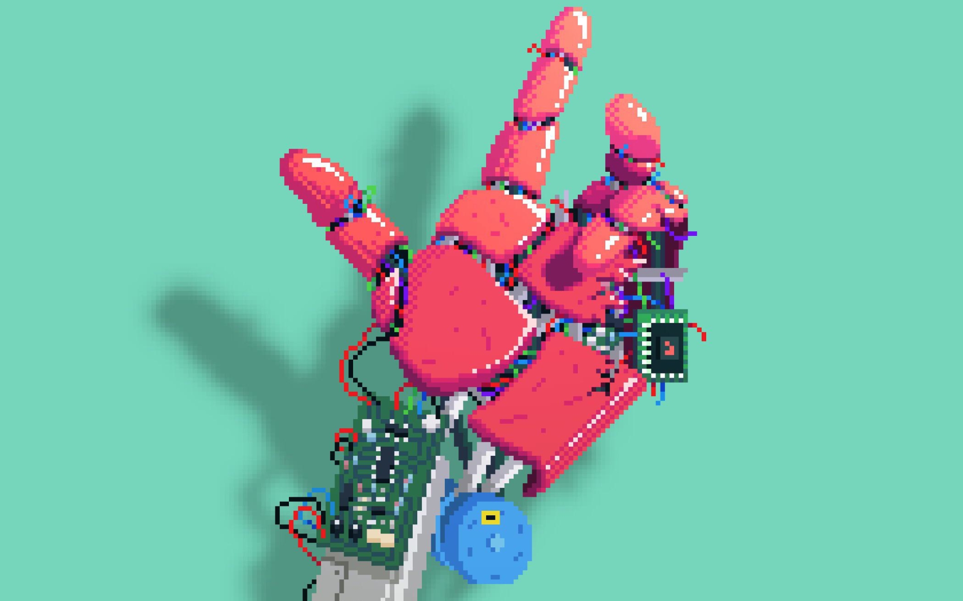 Digital Art Artwork Pixel Art Pixelated Pixels Hands Robot Wires Microchip Fingers Simple Background 1920x1200