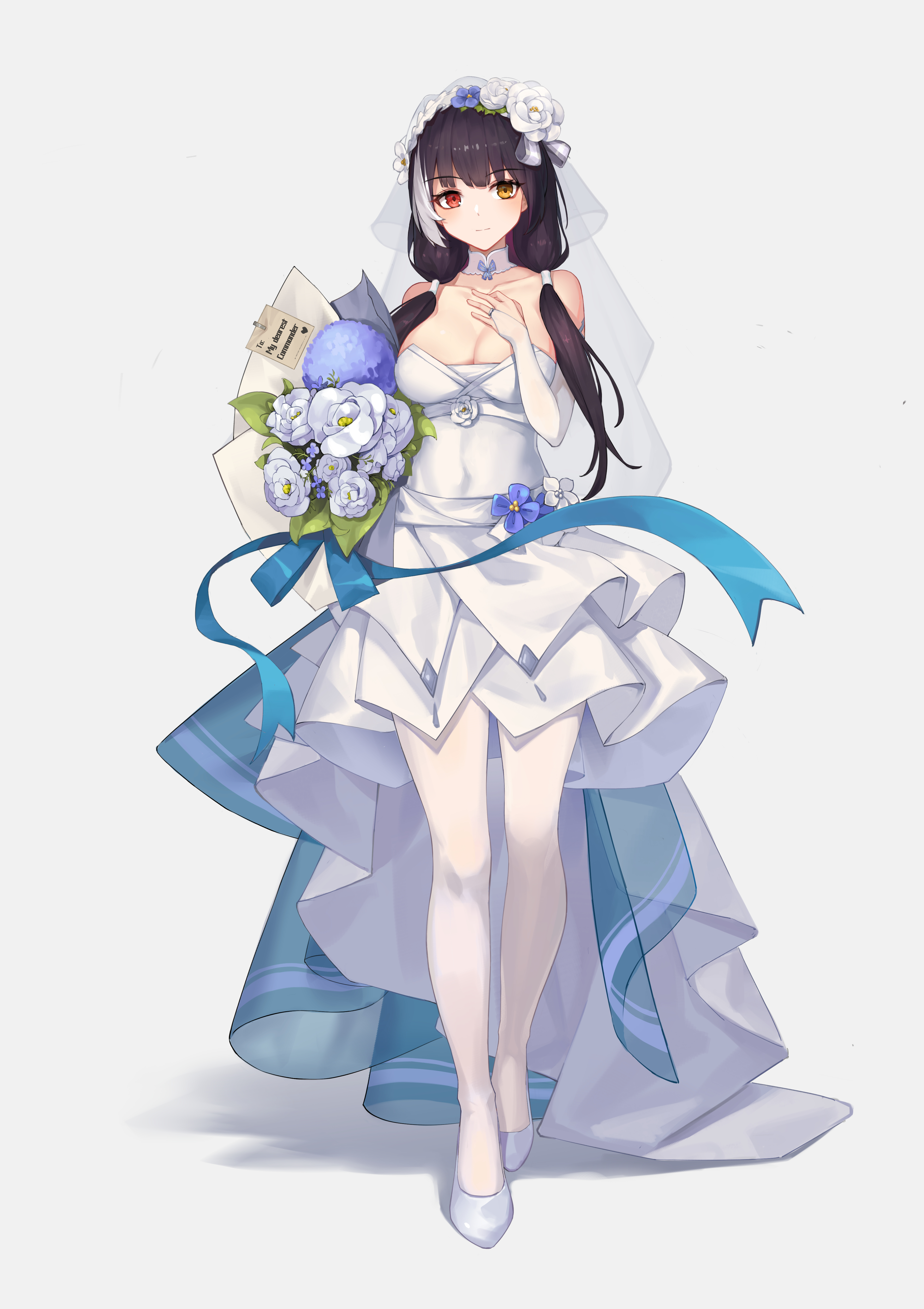 Anime Anime Girls Dress Flowers Heterochromia Wedding Dress White Background Minimalism Simple Backg 3541x5016