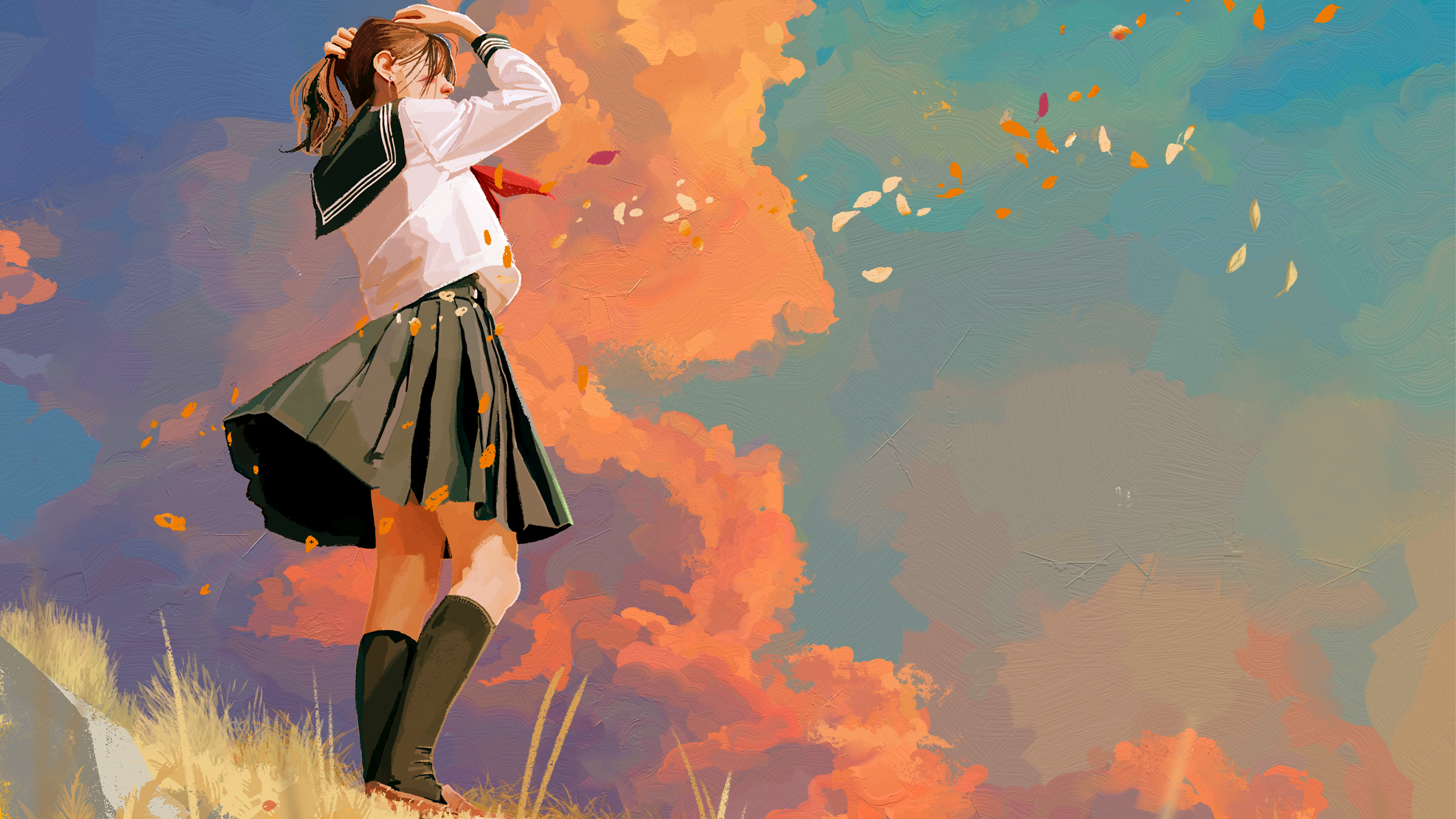 Digital Art Digital Artwork Illustration Sunset Clouds Wind Women Schoolgirl Skirt 5120x2880