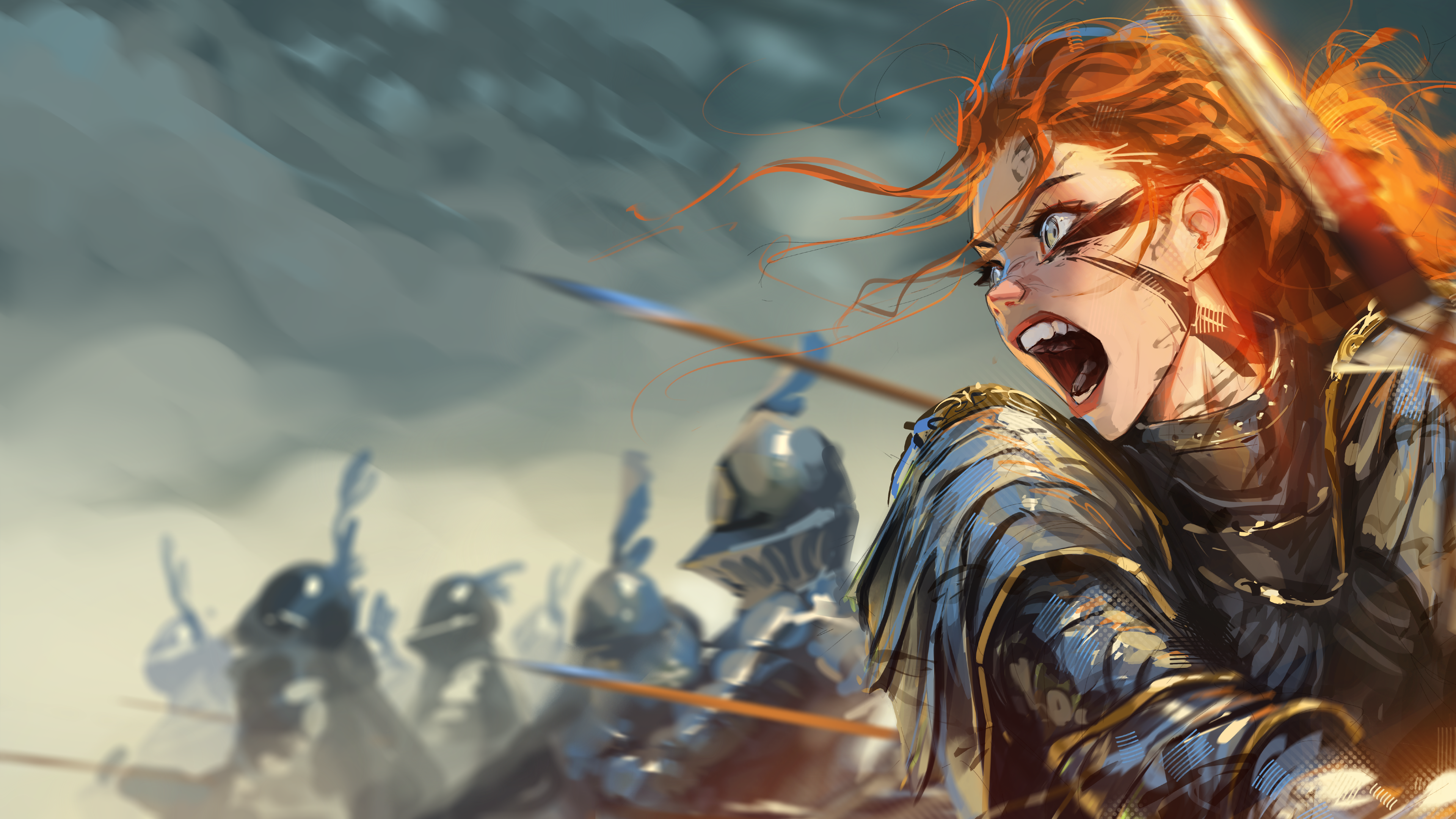 Sam Yang Digital Art Artwork Illustration Women Long Hair Redhead Screaming Battle Knight 4K Armor O 3840x2160