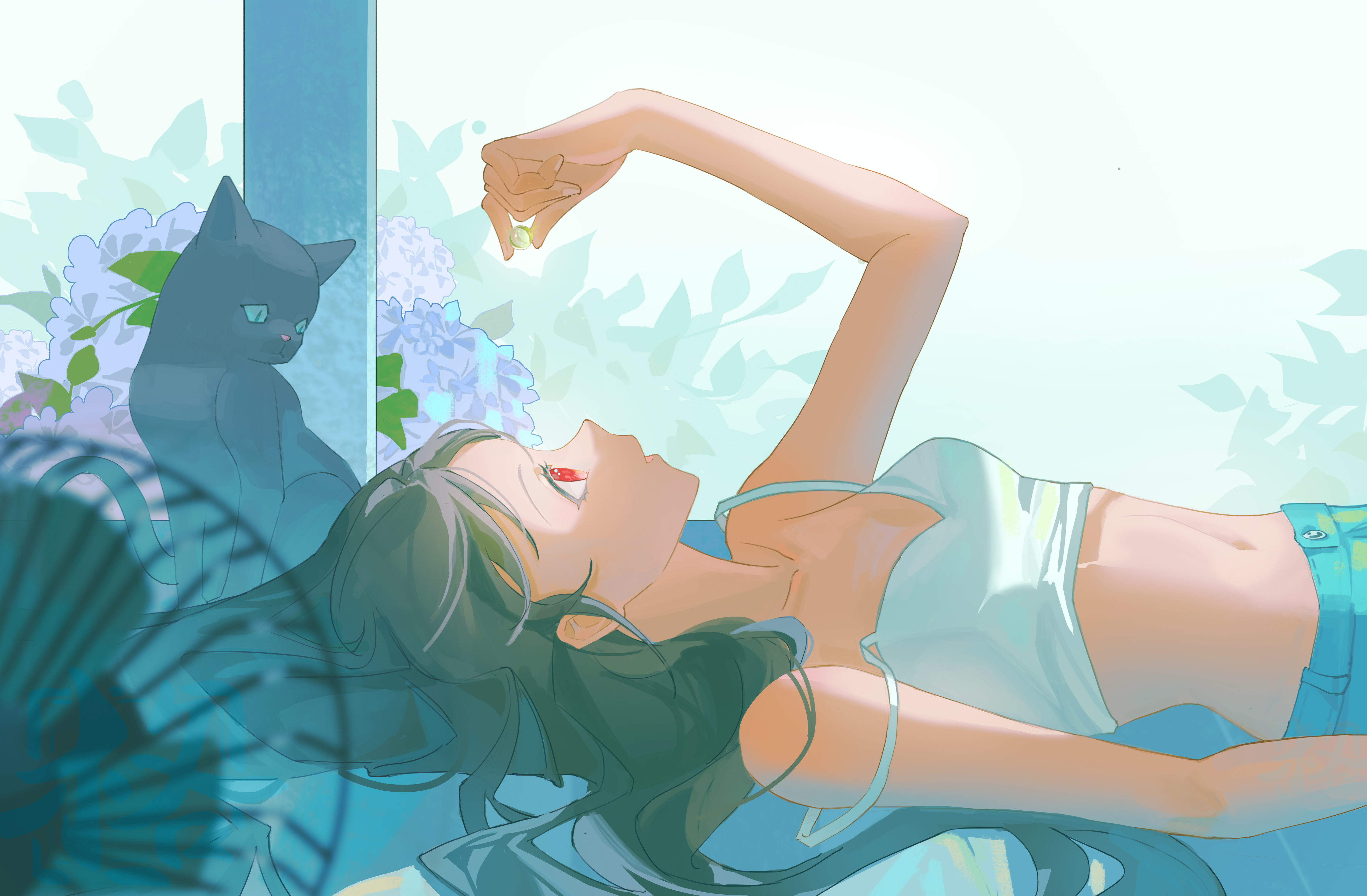 Anime Anime Girls Lying Down Lying On Back Long Hair Red Eyes Black Hair Cats Flowers Animals Fans L 4832x3168