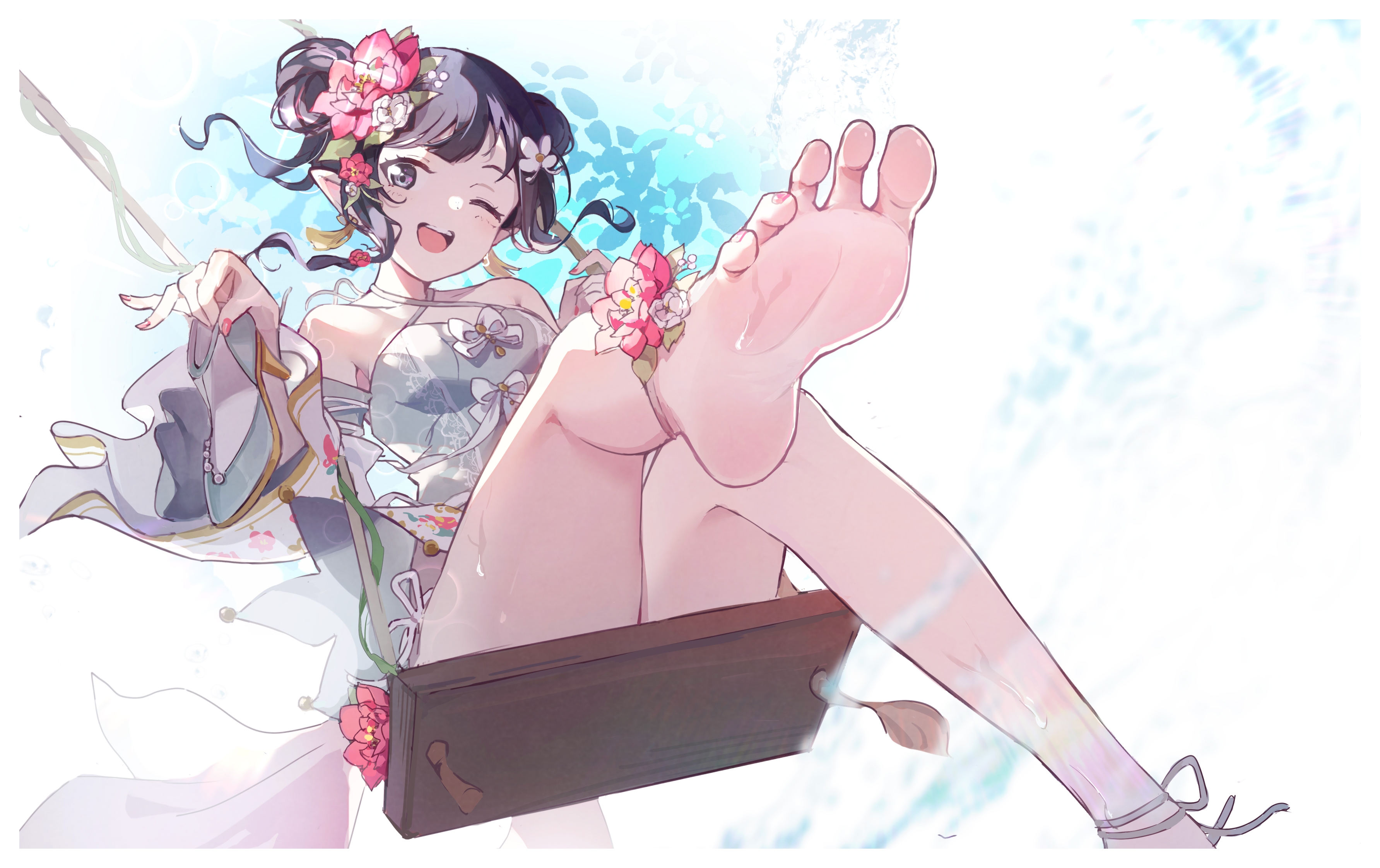 Anime Girls Barefoot Feet Foot Sole One Eye Closed Flower In Hair Swings 3567x2243