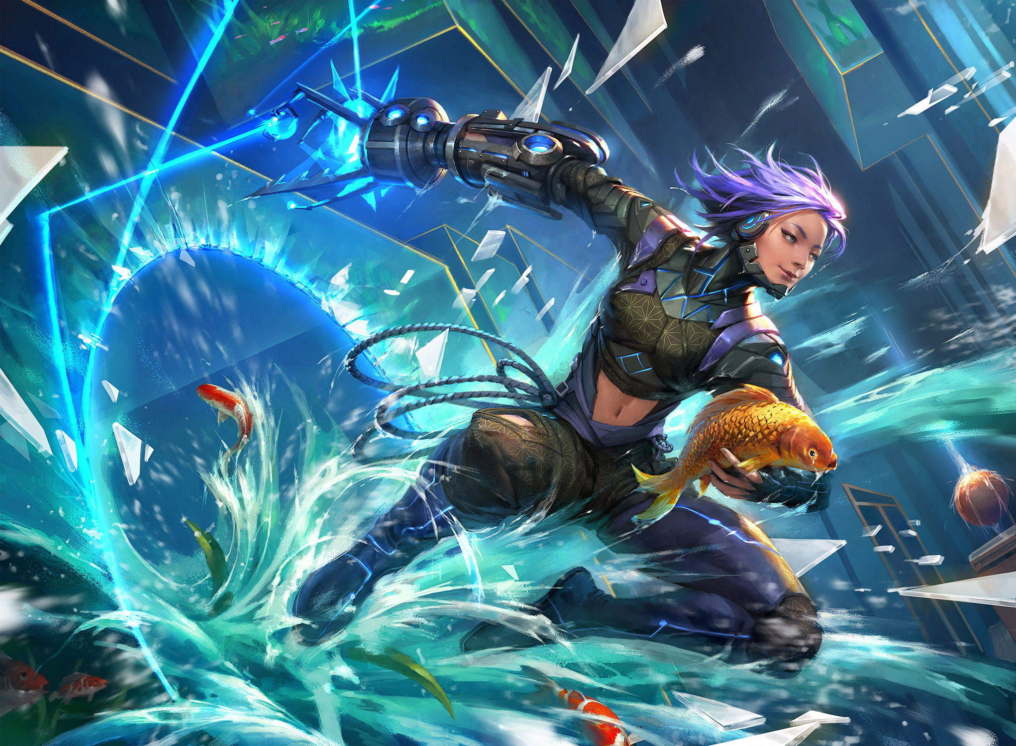Fajareka Setiawan Drawing Women Blue Hair Cyberpunk Water Fish Portal Fighting Shattered Broken Glas 2042x1500