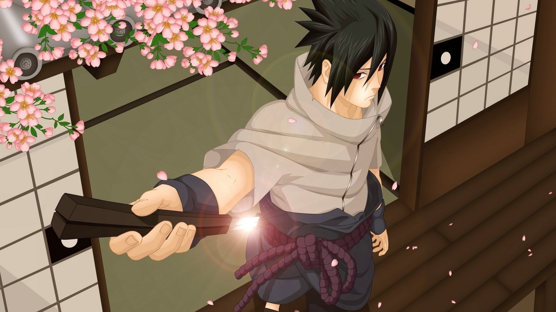 Anime Boys Uchiha Sasuke Naruto Shippuuden Petals Flowers Sword Weapon 1920x1080