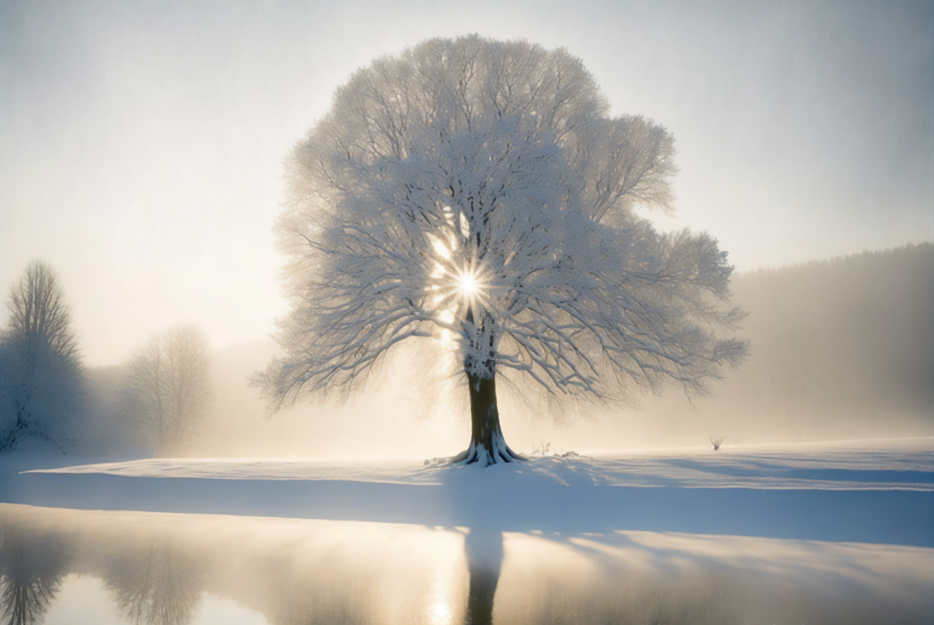 Ai Art Sun Snow Winter Frost Trees Reflection 3060x2048