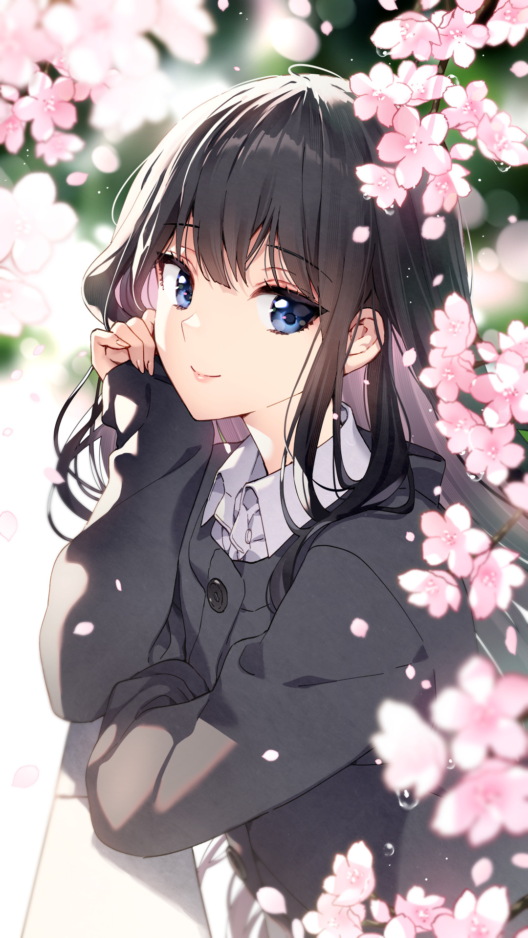 Anime Anime Girls Nardack Artwork Black Hair Blue Eyes Cherry Blossom 1080x1920