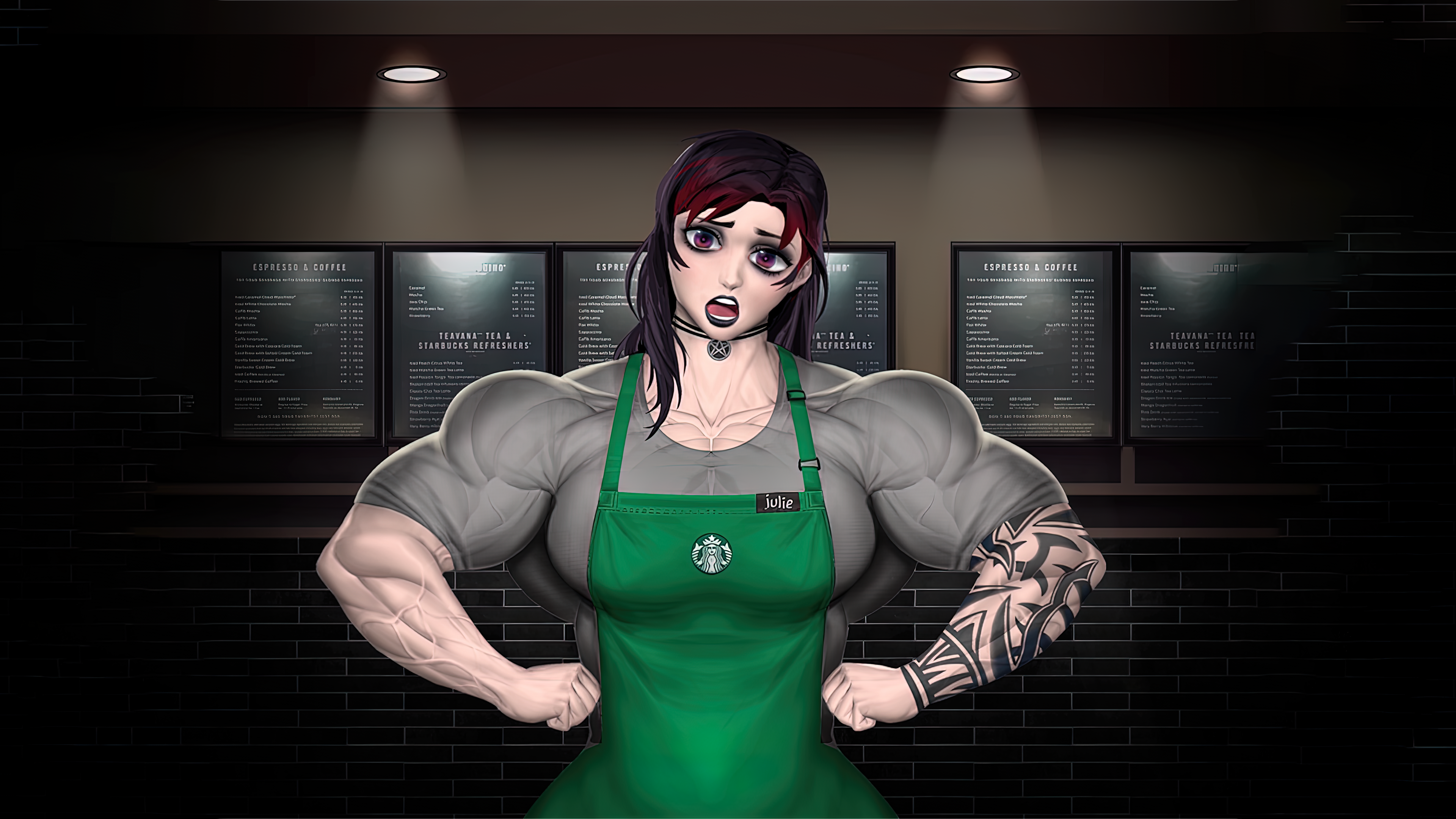 Muscles Muscular Toned Female Strong Woman Anime Girls Starbucks Apron 3840x2160