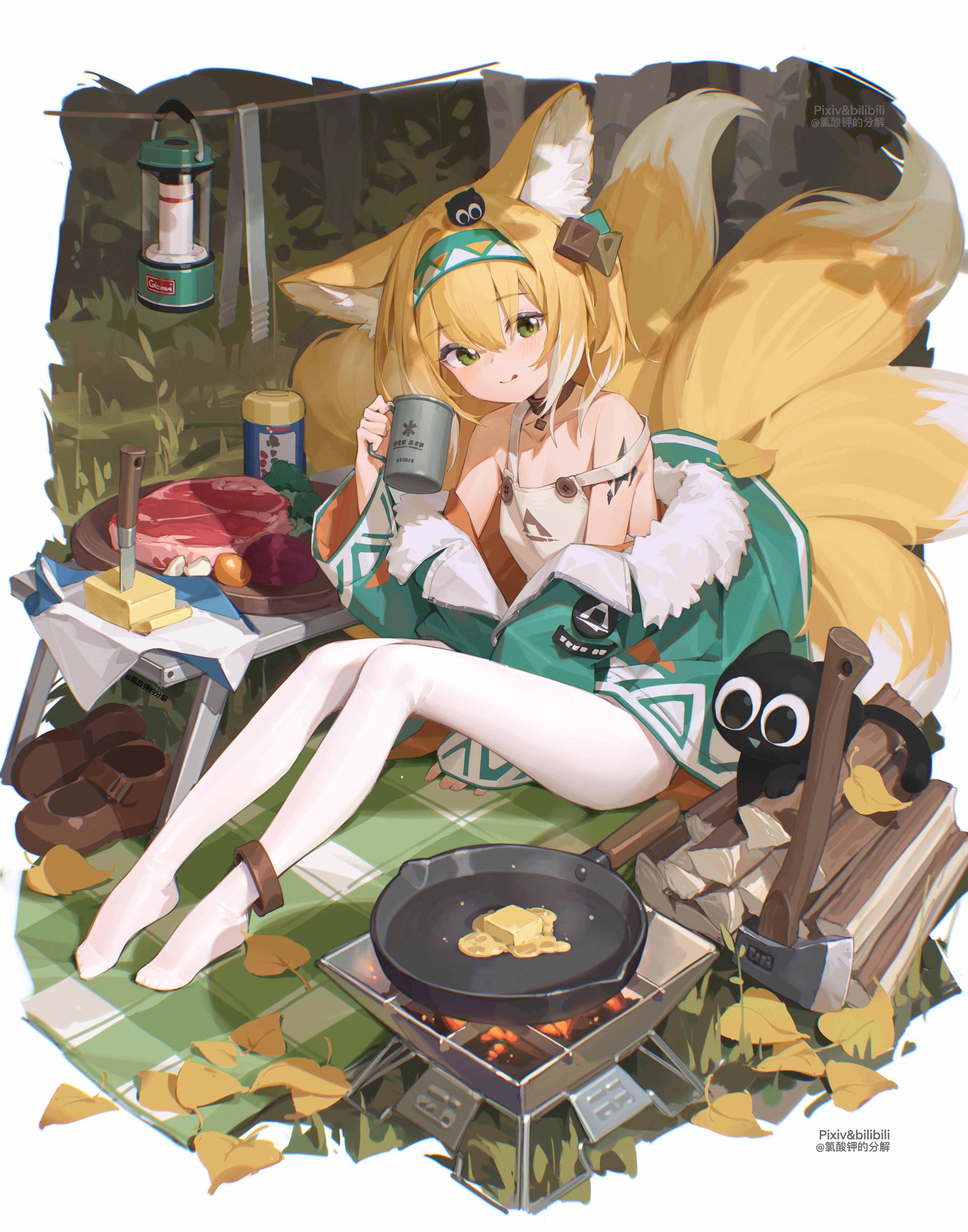 Arknights Anime Girls Fox Ears Fox Tail Food Suzuran Arknights Fox Girl Blonde Green Eyes Cooking Le 3720x4734