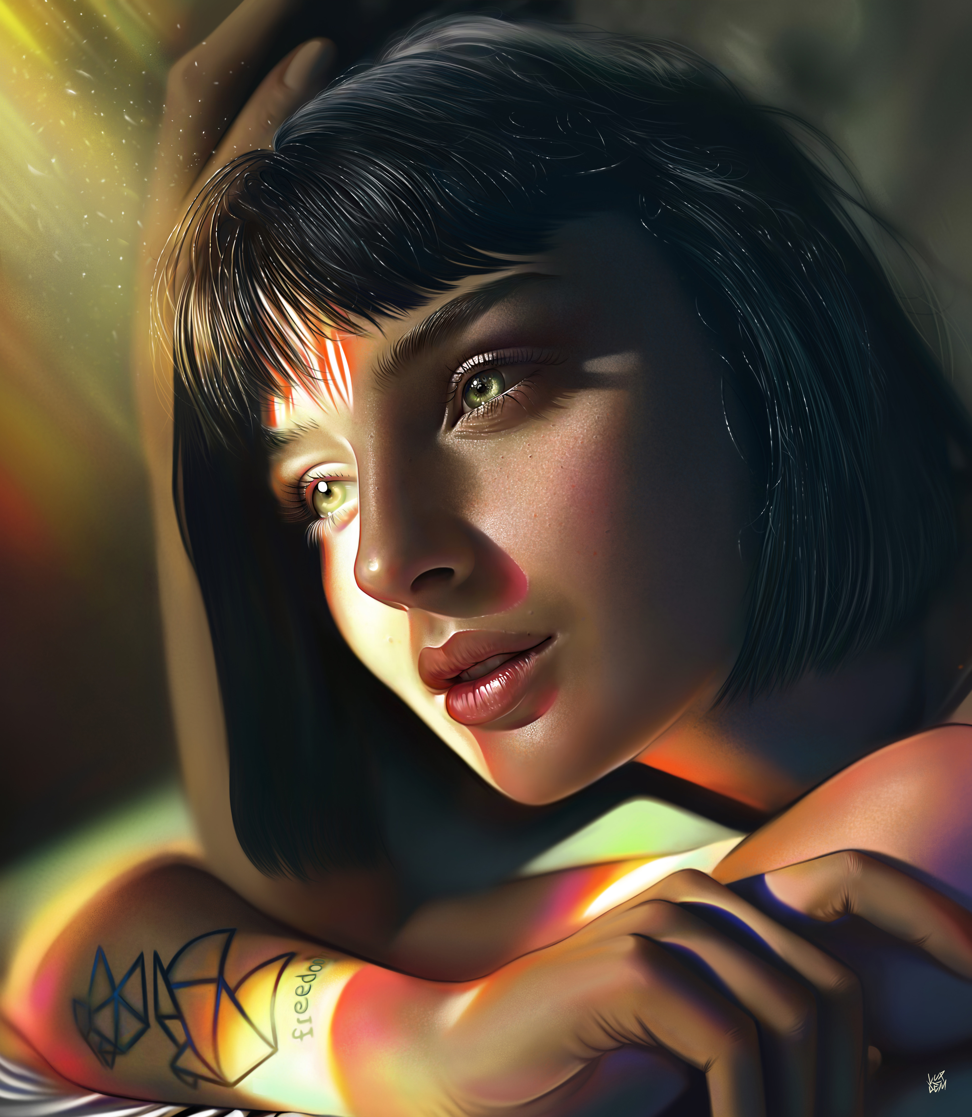 Ya Ar Vurdem Digital Art Artwork Illustration Portrait Women Short Hair Dark Hair Sunlight Looking A 3840x4412