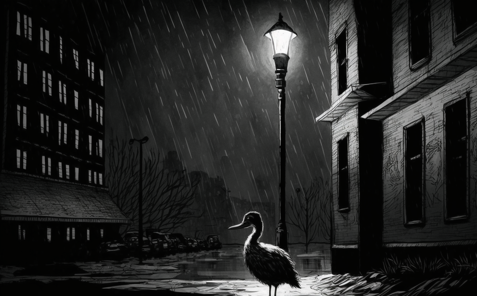 Duck Noir Duck Noir Lamp Post Monochrome Animals Rain 1600x992
