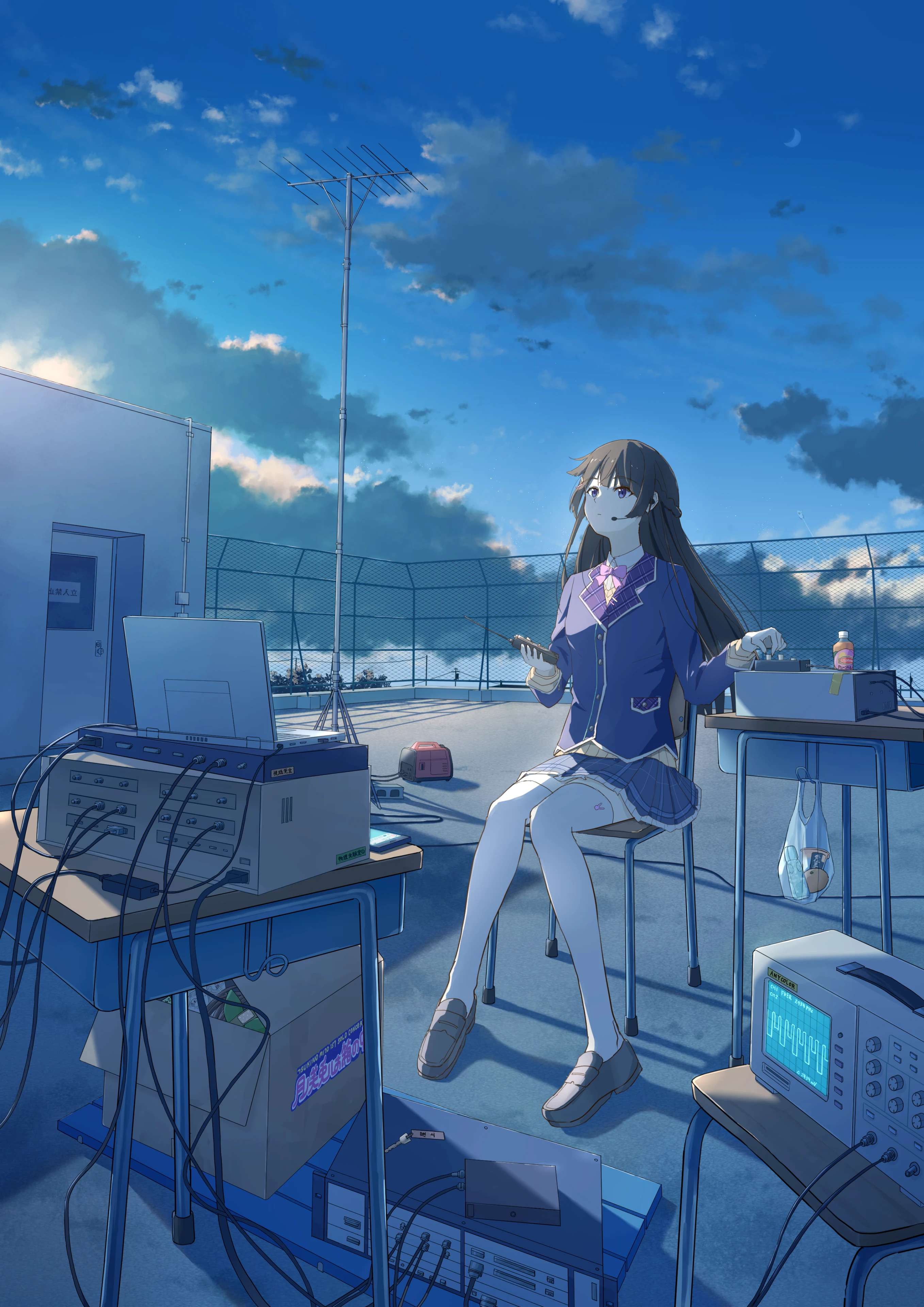 Anime Anime Girls Schoolgirl School Uniform Sky Clouds Sitting Chair Desk Technology Looking Up Long 2715x3840