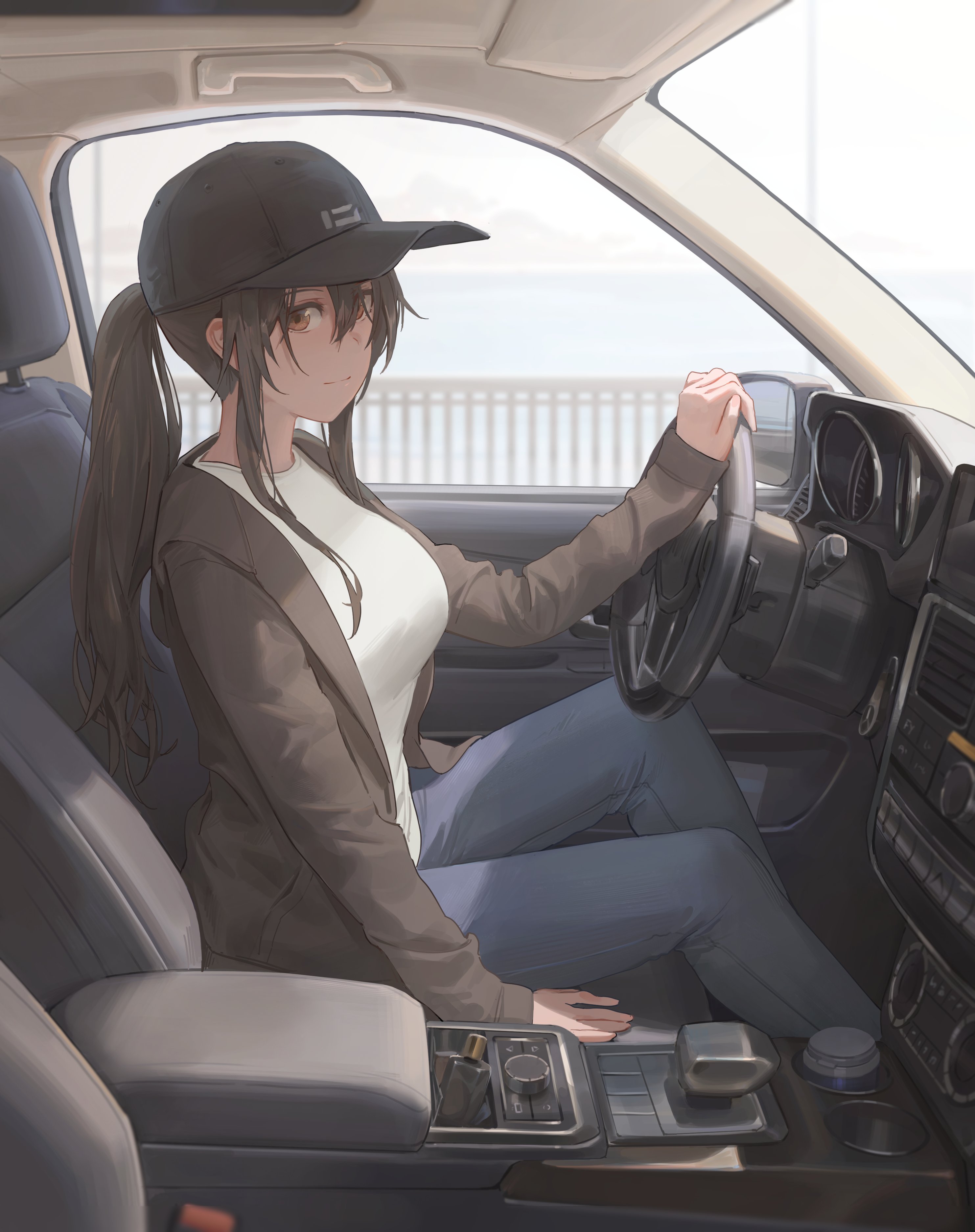 Anime Anime Girls Car Interior Hat Baseball Cap Ponytail Brunette Brown Eyes Artwork Yohan1754 2967x3750