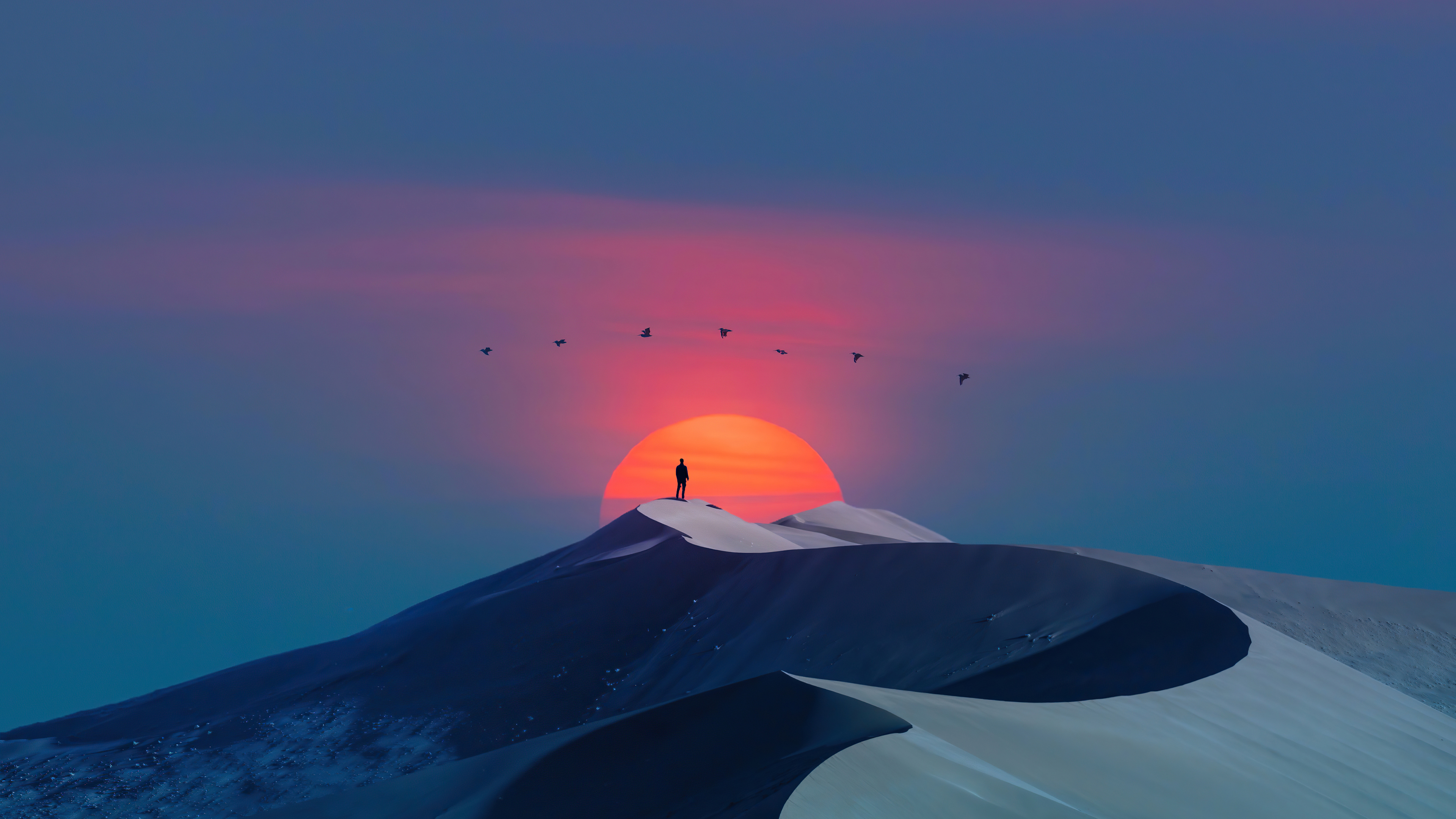 Digital Art Artwork Sunset Sun Men Silhouette Birds Desert Dunes Clear Sky 3840x2160