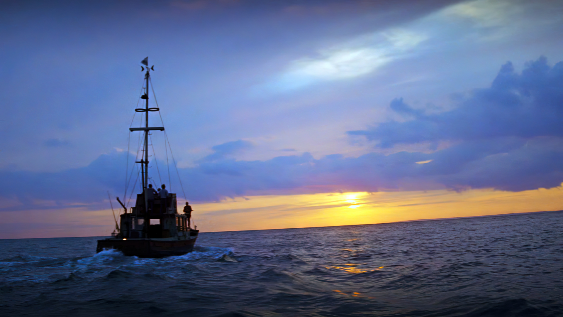 Jaws Movies Film Stills Sea Steven Spielberg Boat Water Sunset Clouds Sky 1920x1080