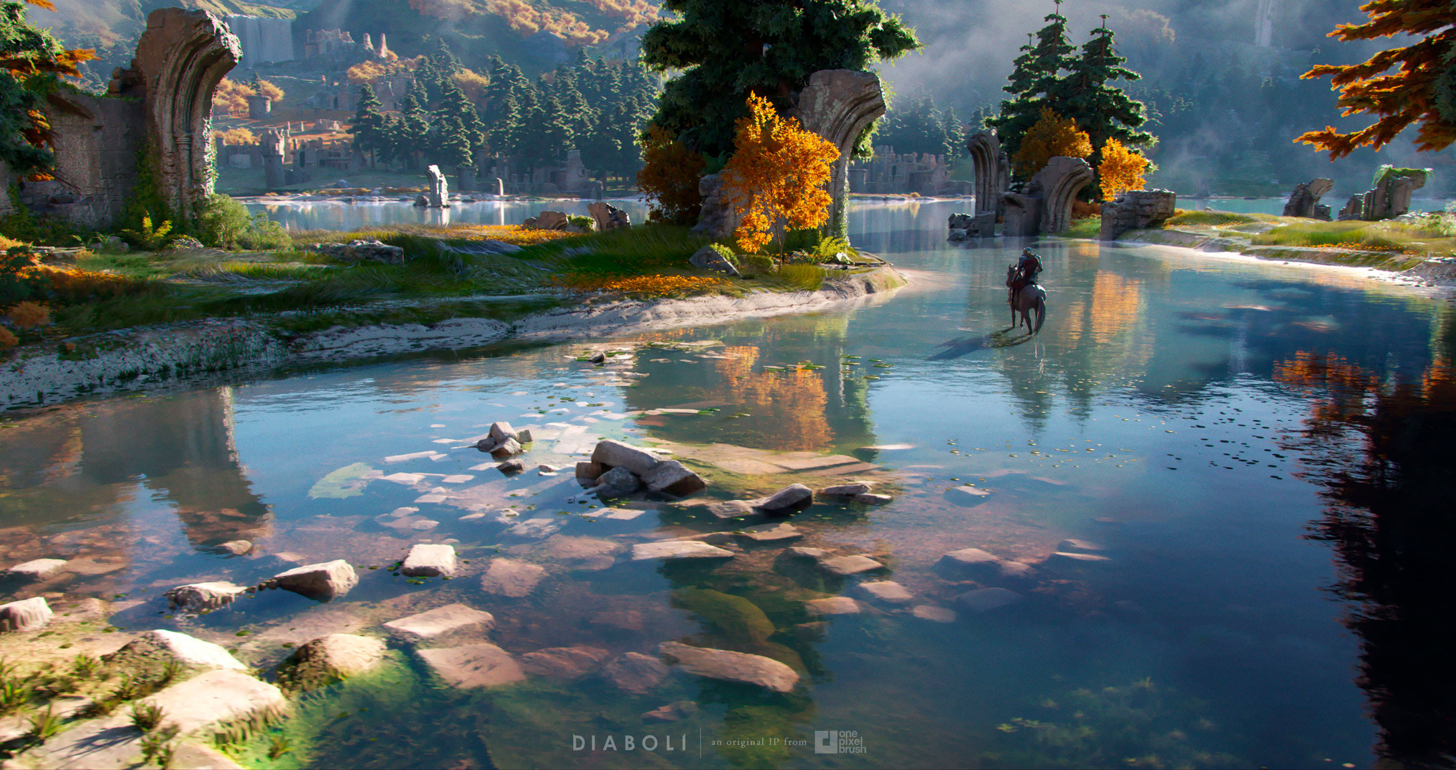 One Pixel Brush CGi Landscape Lake Ruins Reflection Water Rocks Digital Art Watermarked 3000x1587