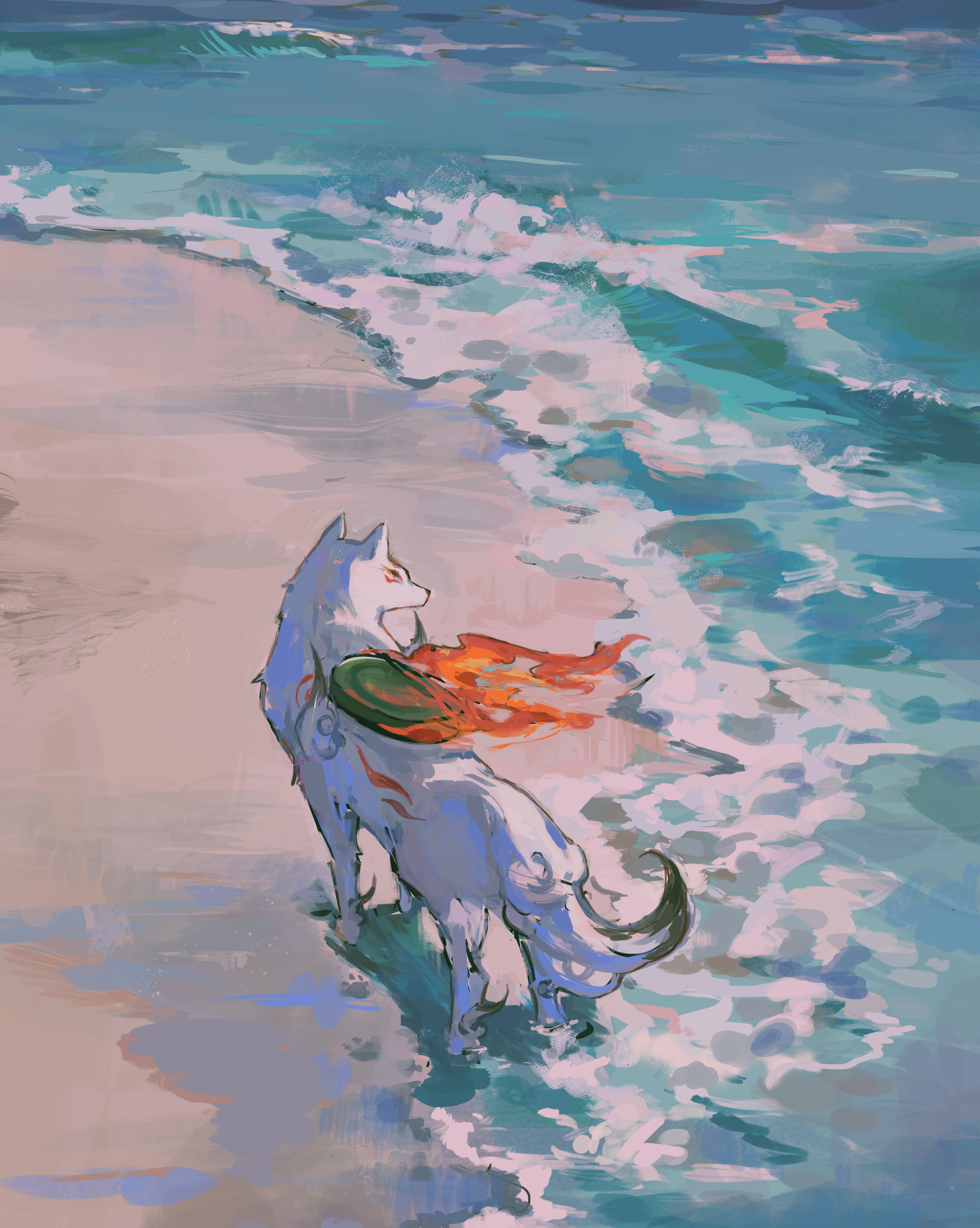 Okami Amaterasu Wolf Video Game Art Video Games Animals Vertical Water Waves Sand Video Game Charact 2927x3668