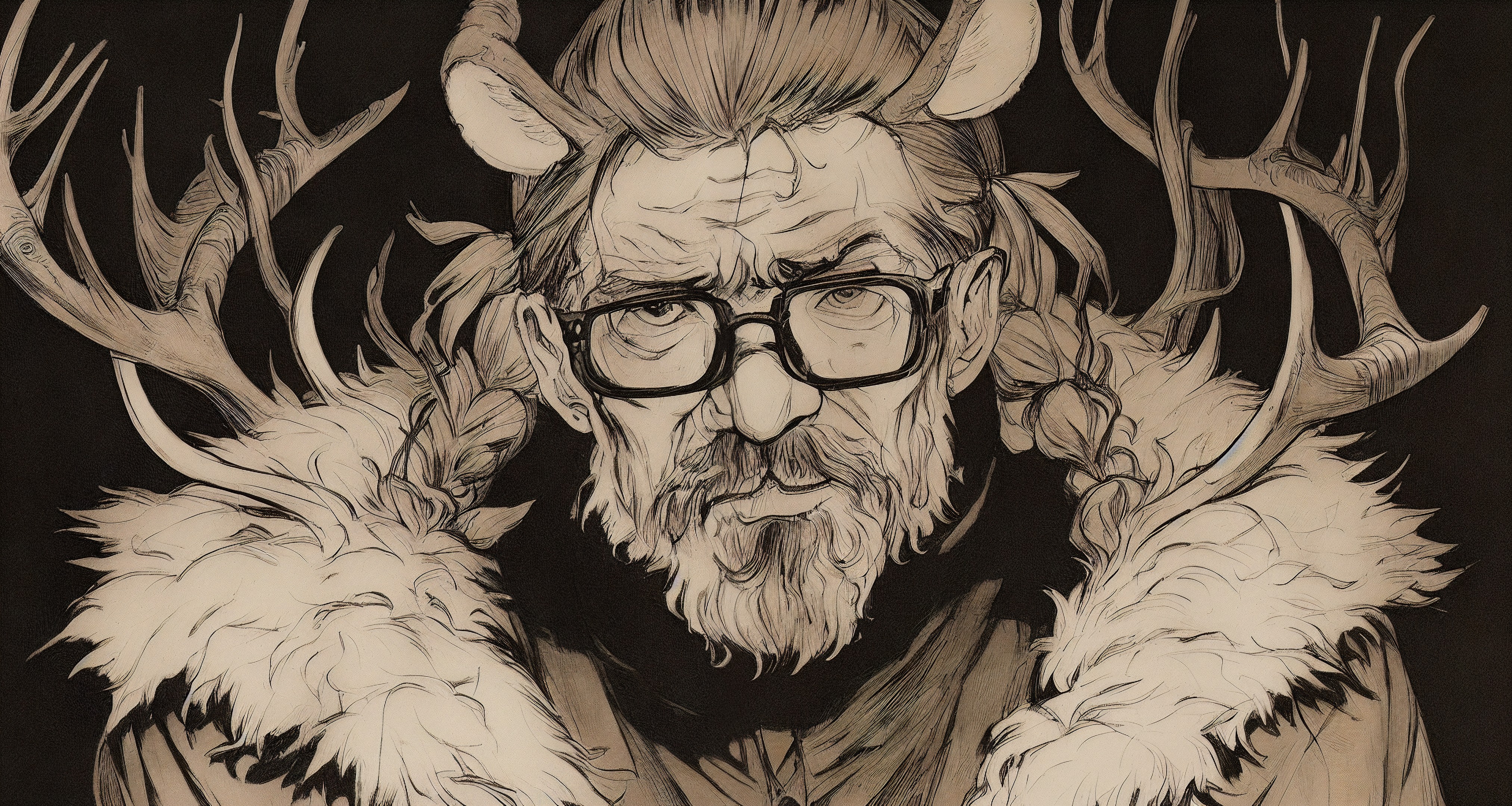 Ai Generated Antlers Face Old People Drawing Glasses Beard Animal Ears Fur Cape Black Background Mon 4050x2160