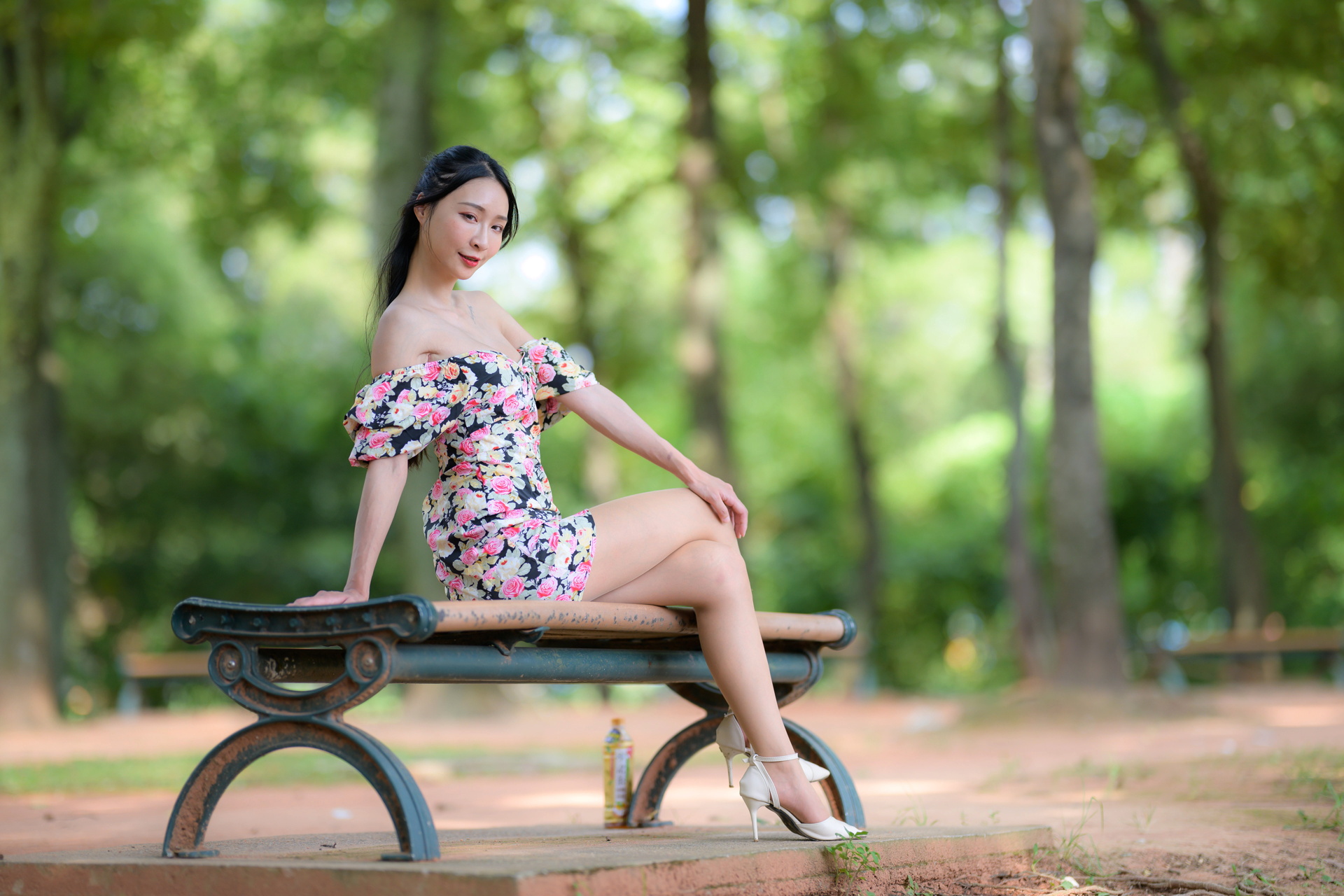 Asian Model Women Long Hair Dark Hair Sitting Bench 1920x1280
