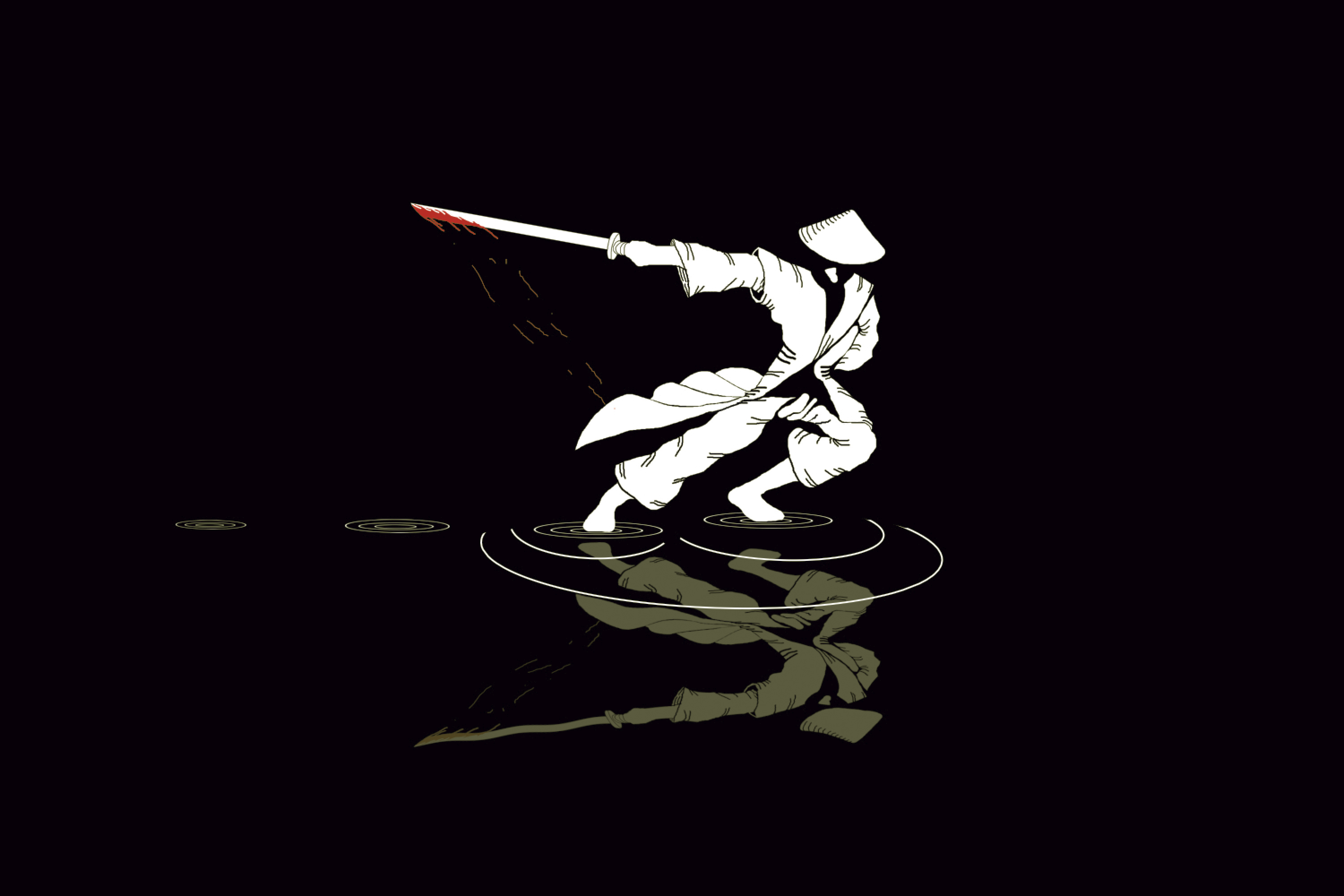 Samurai Water Sword Swordsman Waves Digital Art Simple Background 3000x2000