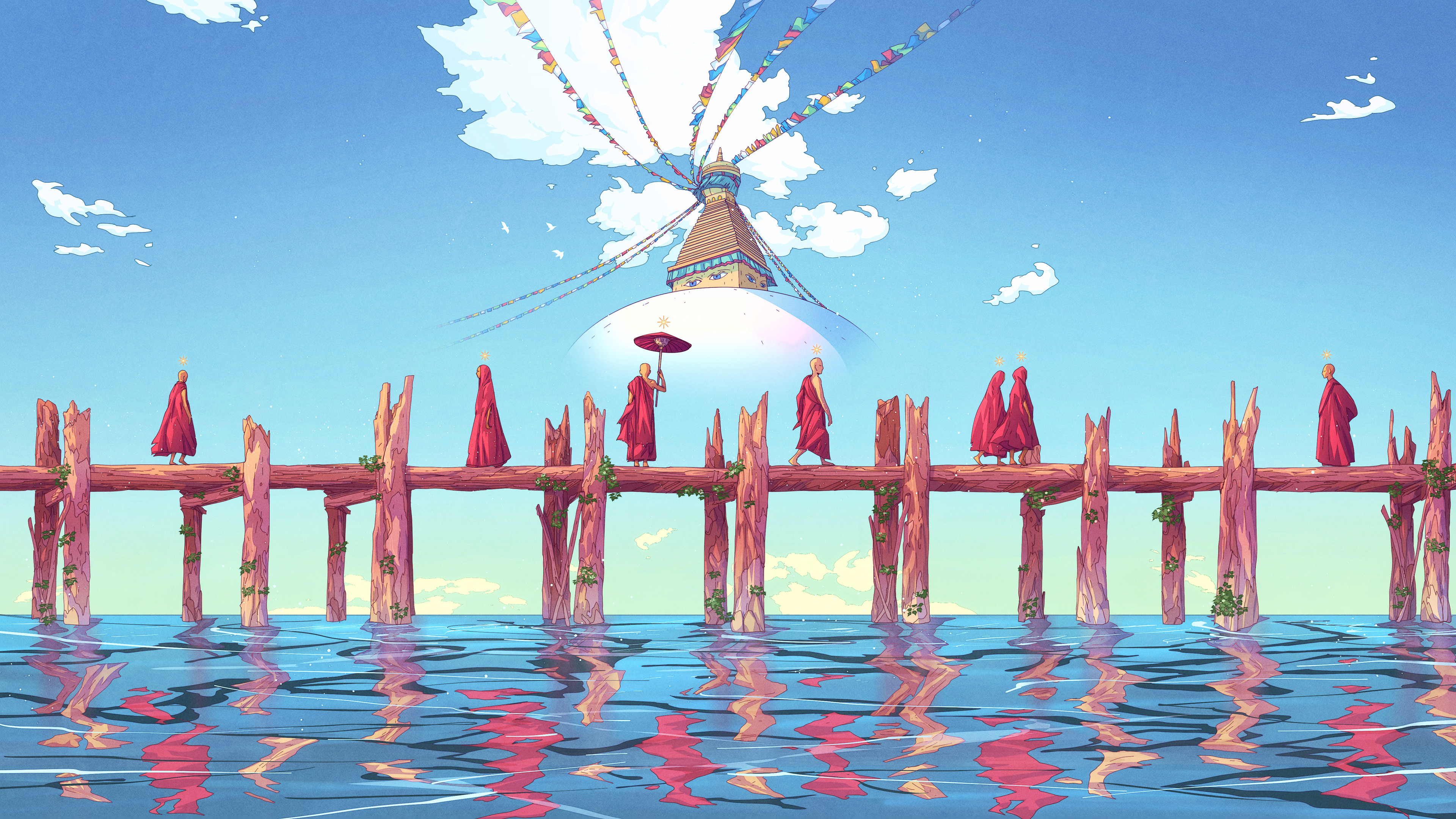 Christian Benavides Digital Art Fantasy Art Bridge River Reflection Clouds Eyes Artwork Water Sky Mo 3840x2160