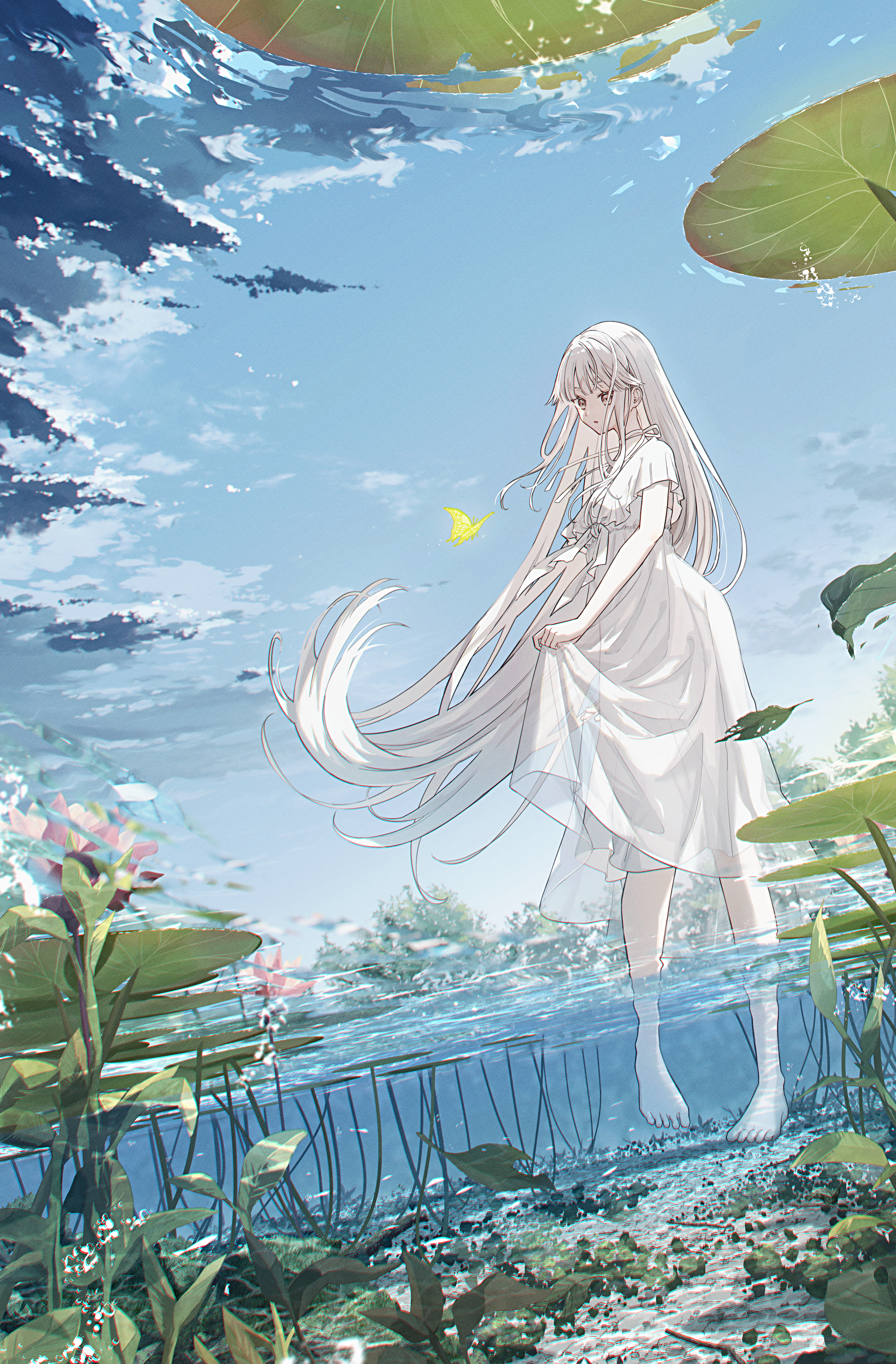 Original Characters Anime Girls Dress White Dress Water Silver Hair Clouds Gray Eyes Butterfly Water 1875x2853