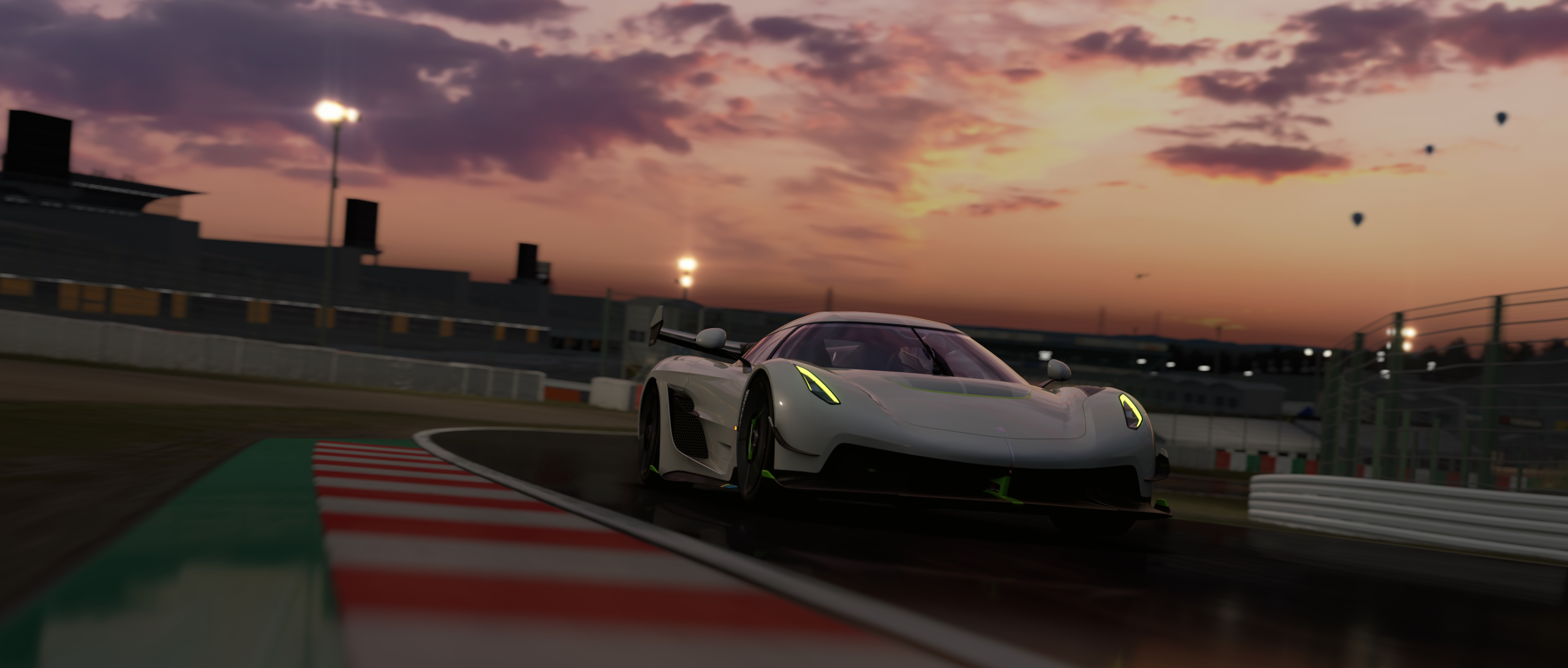 Koenigsegg Jesko Tracks PC Gaming Assetto Corsa Video Games Car Front Angle View Race Tracks Clouds  7680x3269