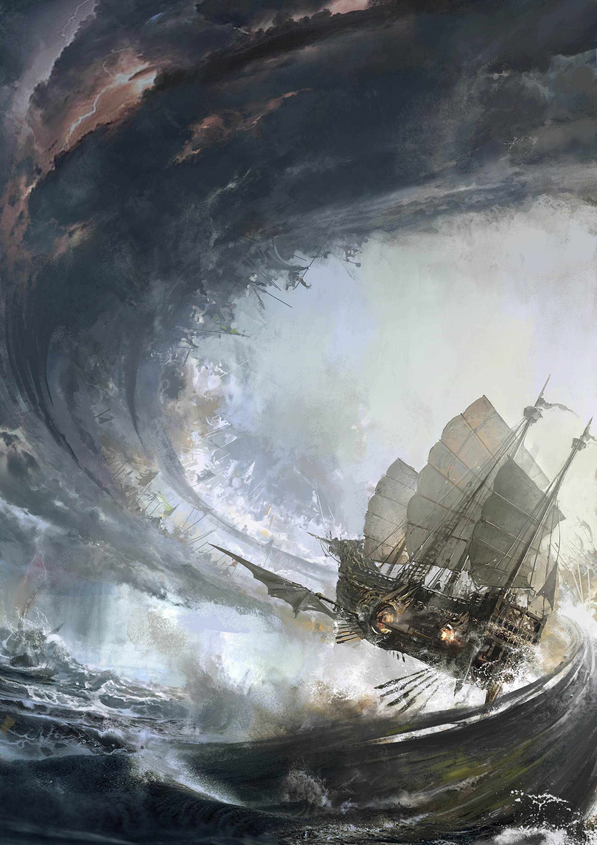 Su Jian Illustration Artwork Sea Waves Ship Fantasy Art 1920x2716