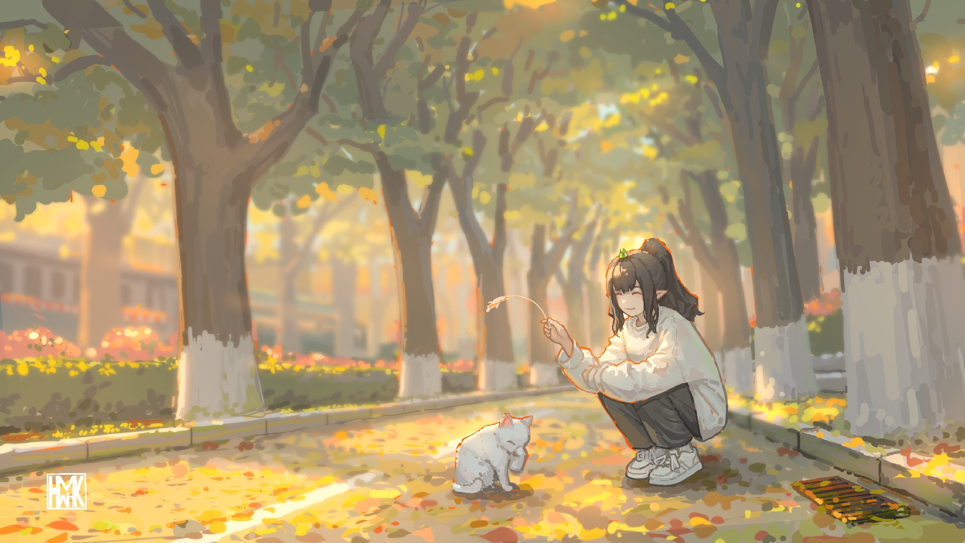 Hua Ming Wink Original Characters Cats Trees Fallen Leaves Schoolgirl Black Hair Anime Girls Anime W 1919x1080