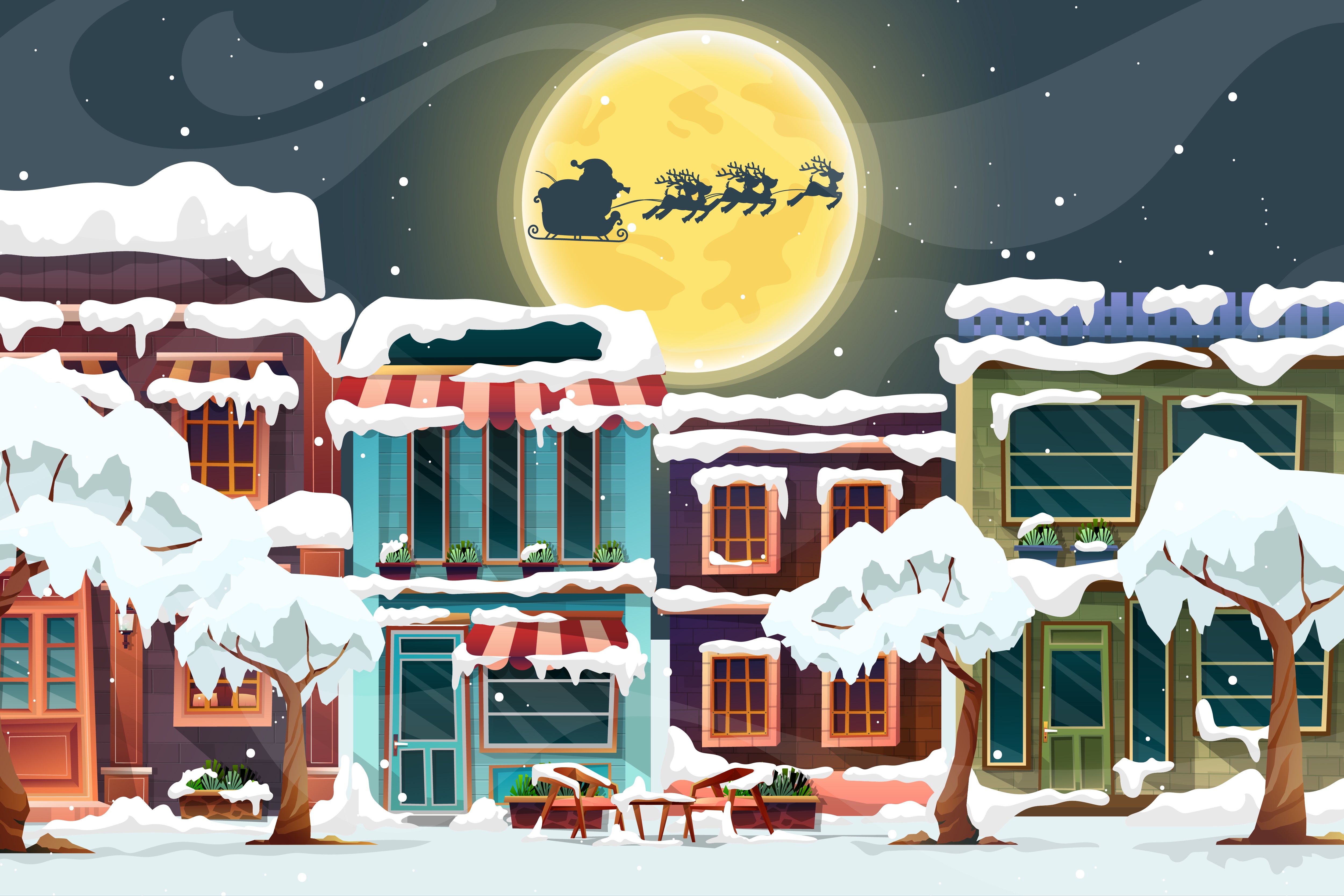 Christmas Santa Claus Snow Moon House Building Trees Reindeer 5000x3334