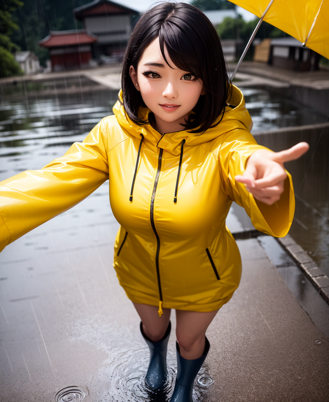 Asian Vertical Rain Umbrella Boots Raincoat Yellow Raincoat Black Hair Black Eyes Bob Hairstyle Fing 1152x1408