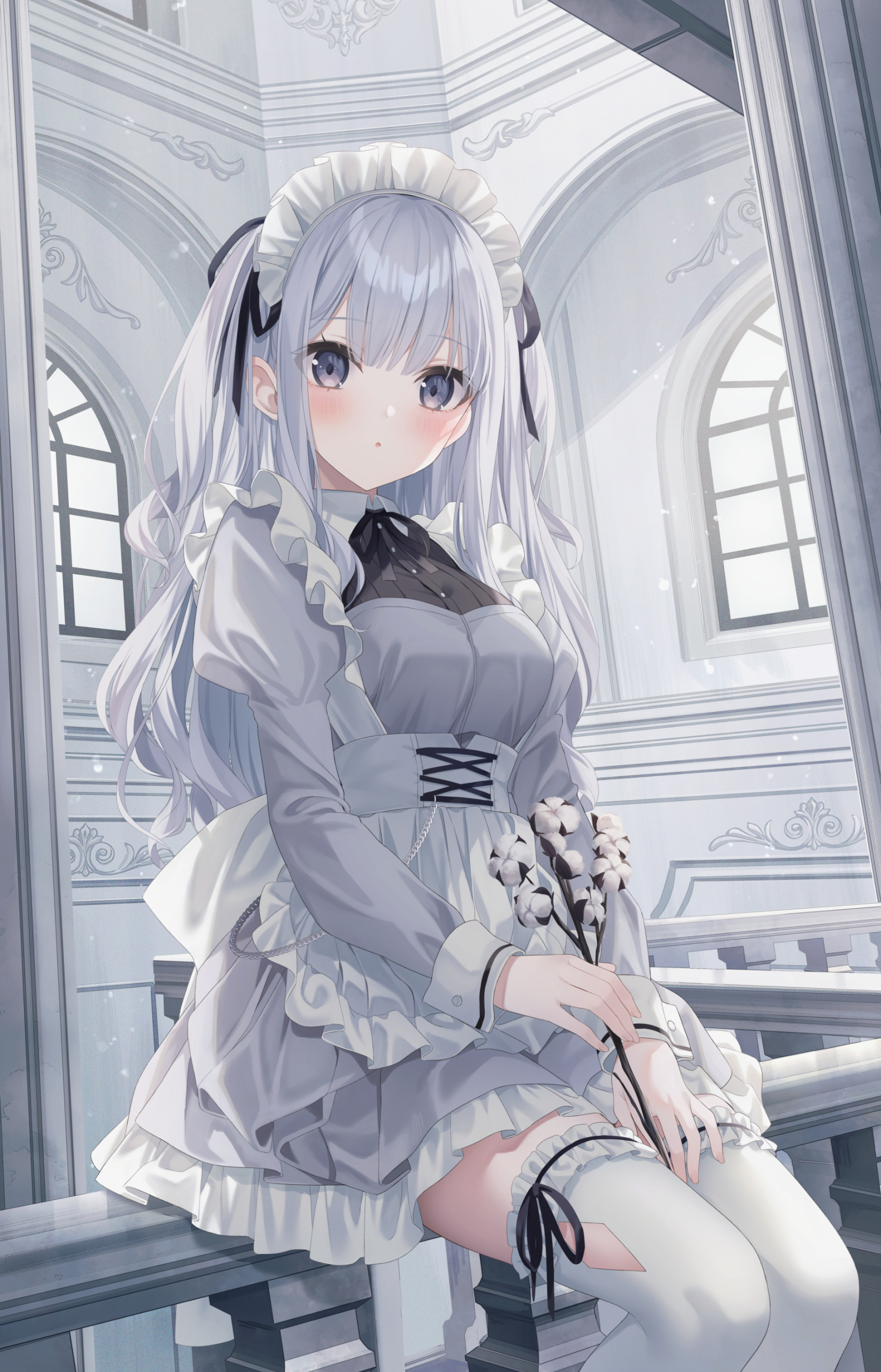 Anime Anime Girls Vertical Maid Maid Outfit Flowers Blushing Looking At Viewer 1616x2516