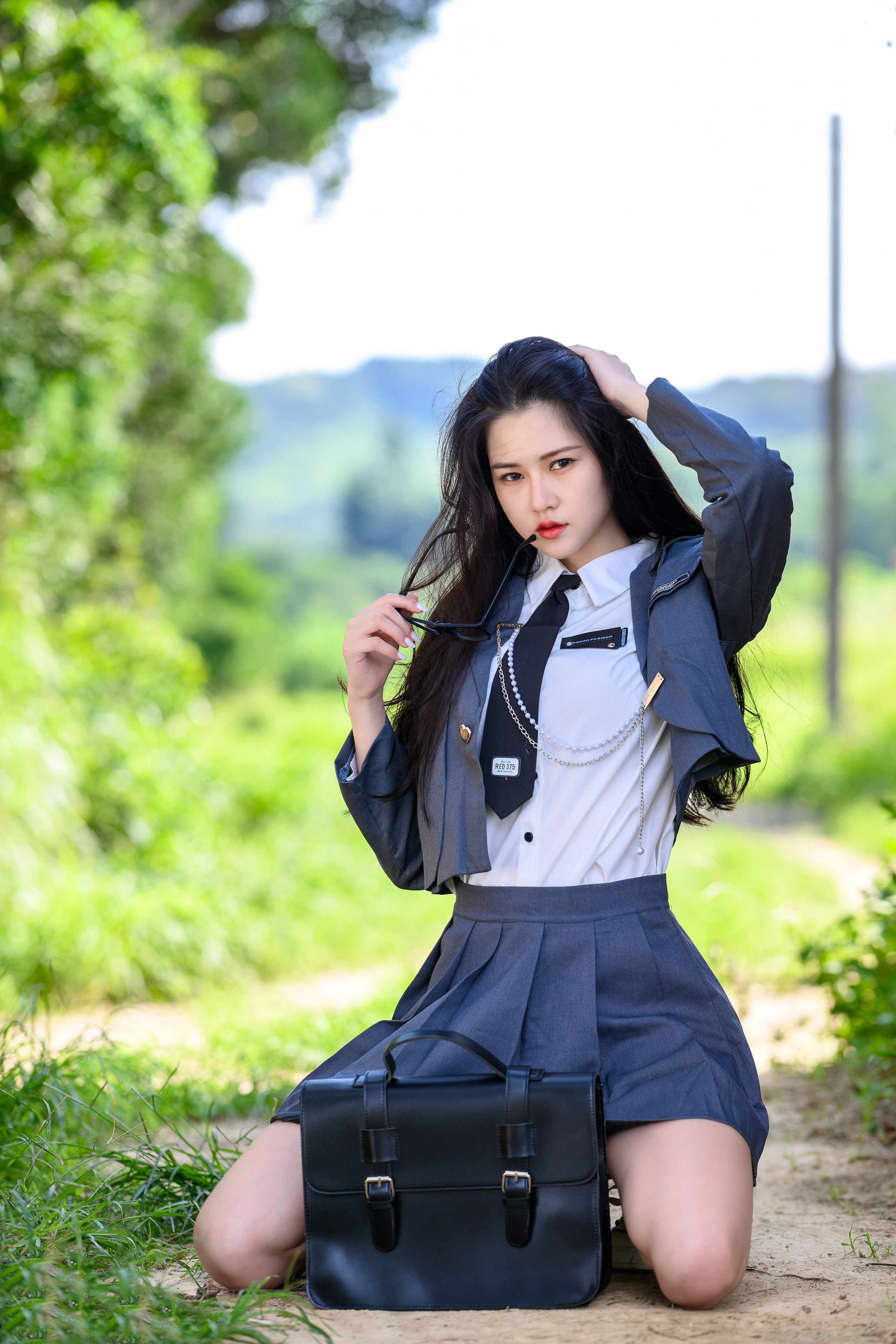 Asian Model Women Long Hair Dark Hair Depth Of Field School Uniform Grass Bushes Trees Glasses Tie U 2560x3841