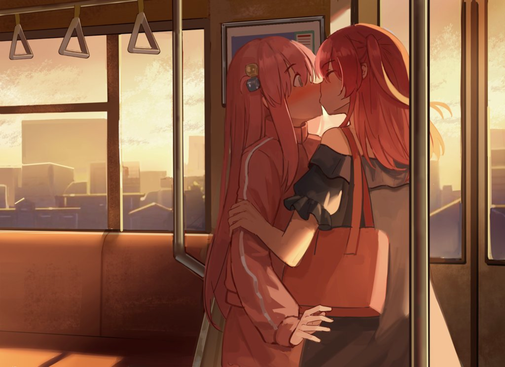 Anime Girls BOCCHi THE ROCK Gotou Hitori Kita Ikuyo Two Women Kissing Pink Hair Redhead Blushing Sur 1733x1260