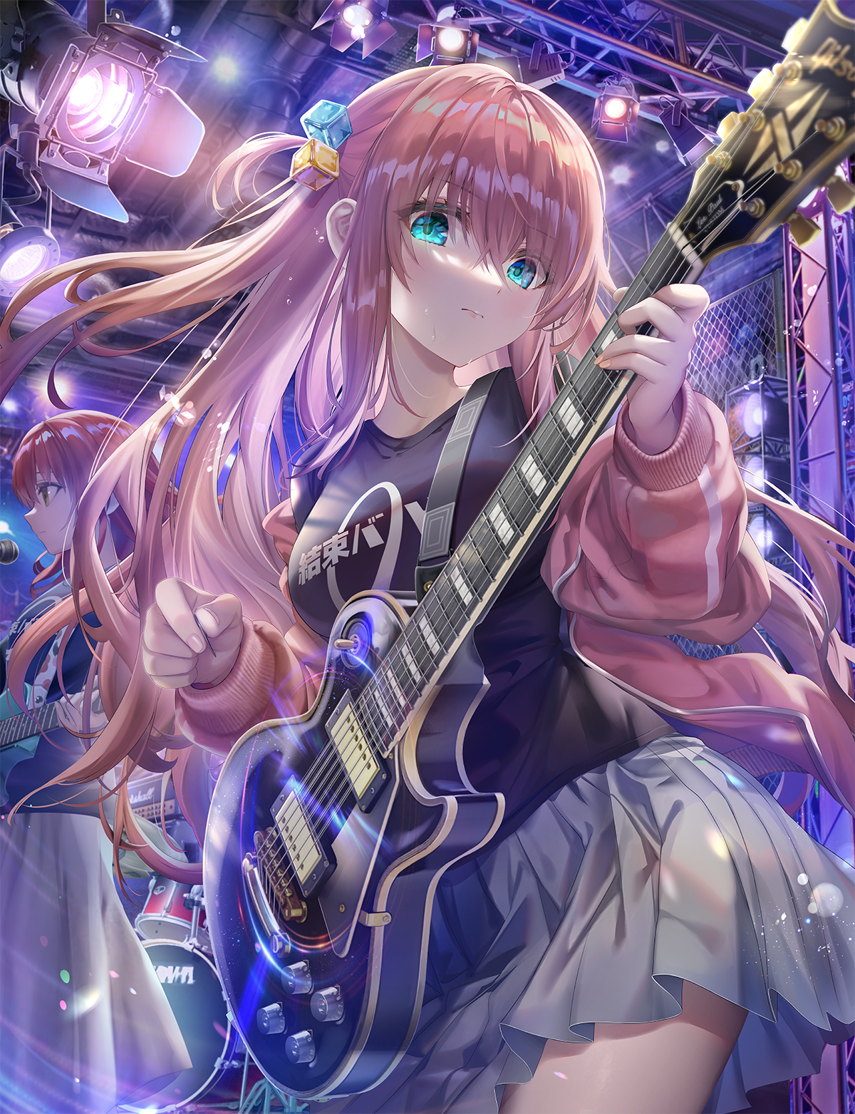 BOCCHi THE ROCK Anime Girls Guitar Pink Hair Blue Eyes Drums Musical Instrument Low Angle Gotou Hito 1200x1563