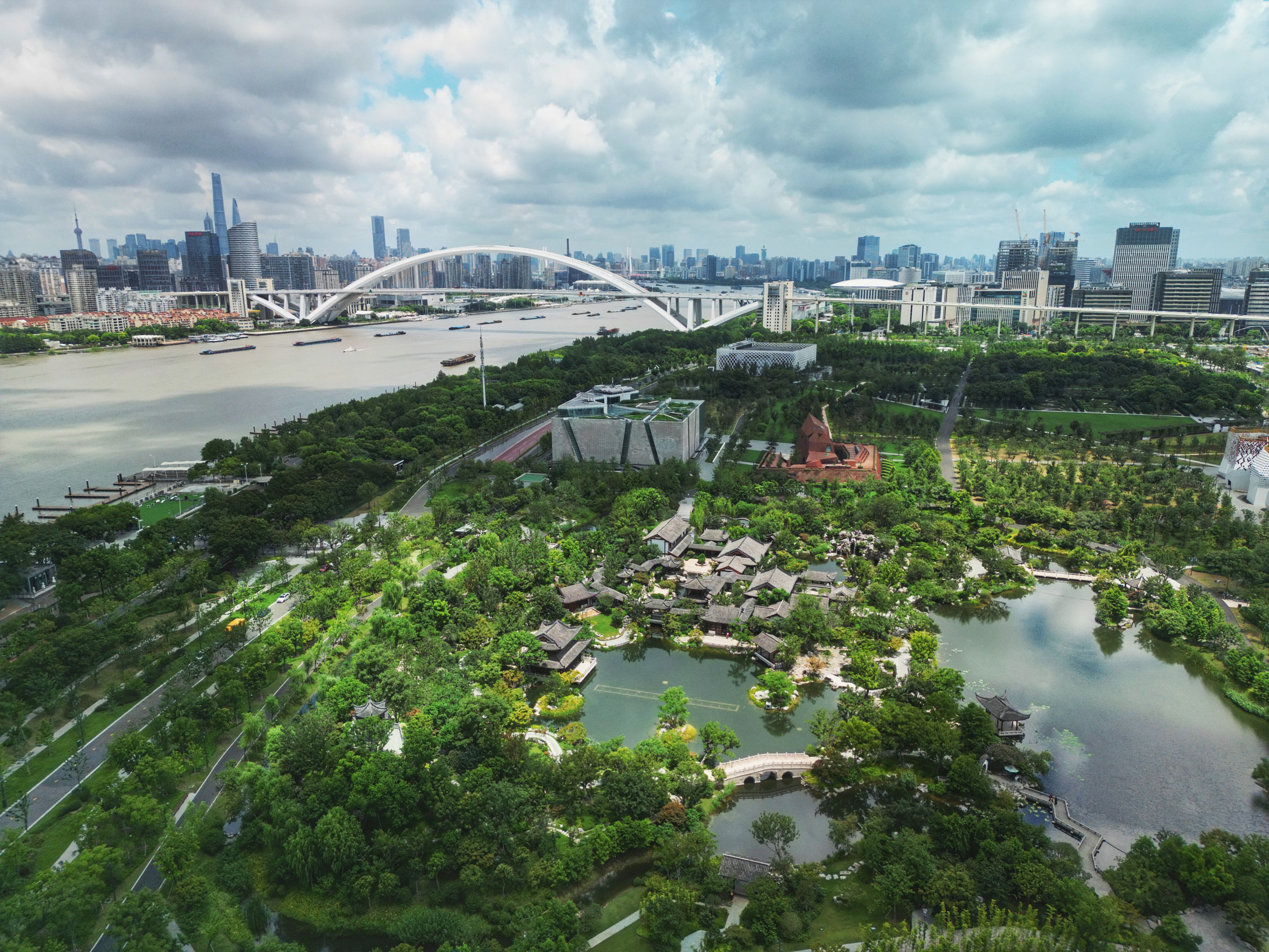 Landscape City Drone Photo Shanghai Water Trees Bridge Sky Clouds Building 5773x4330