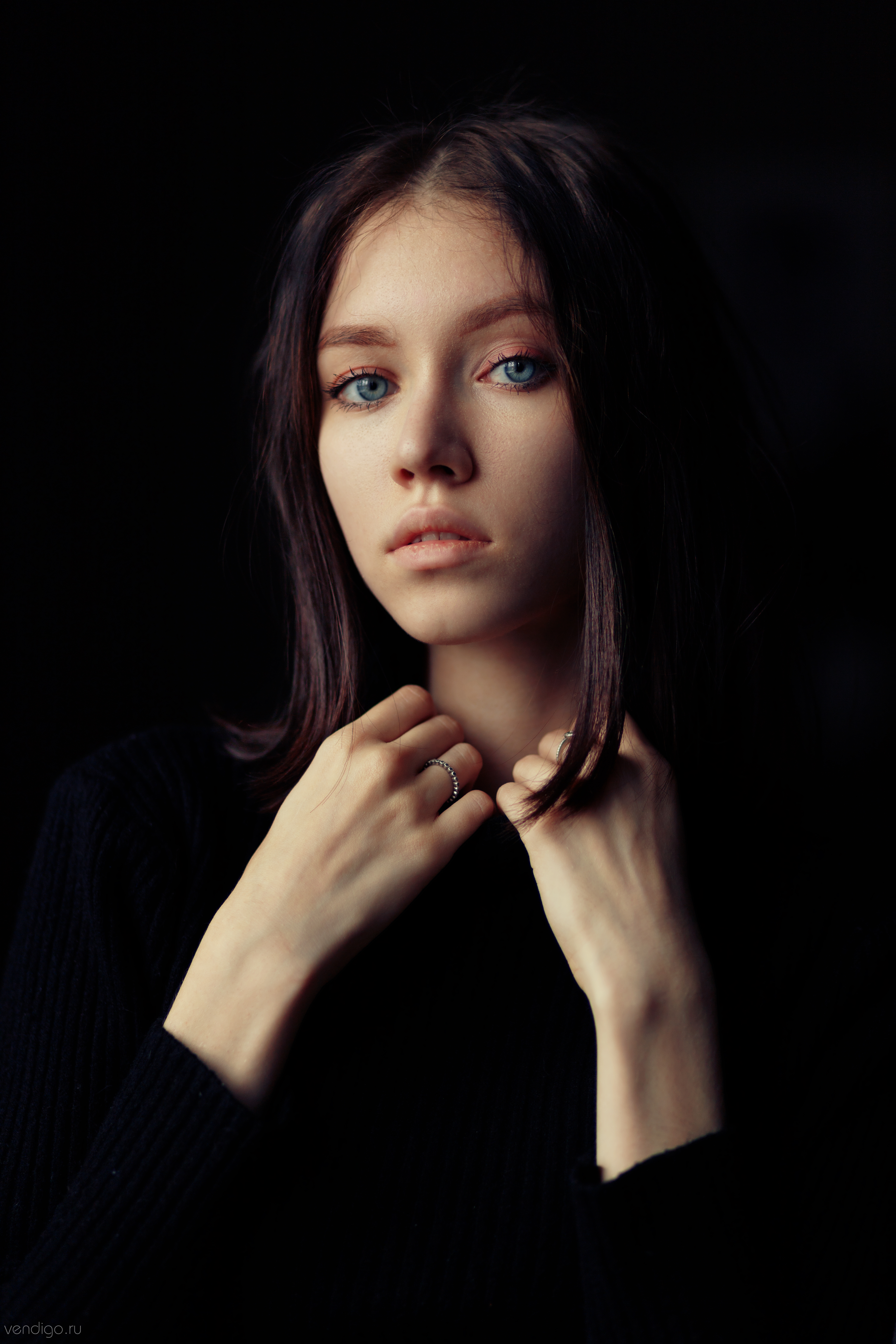Evgeniy Bulatov Women Brunette Blue Eyes Black Clothing Portrait Parted Lips 4160x6240