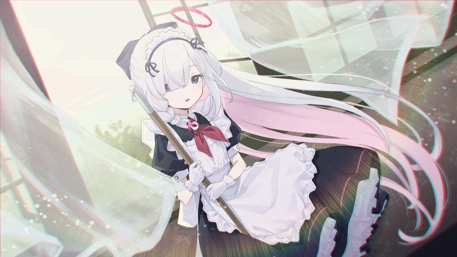 Anime Anime Girls Two Tone Hair Long Hair Maid Maid Outfit Looking At Viewer Gloves Hair Blowing In  1920x1080