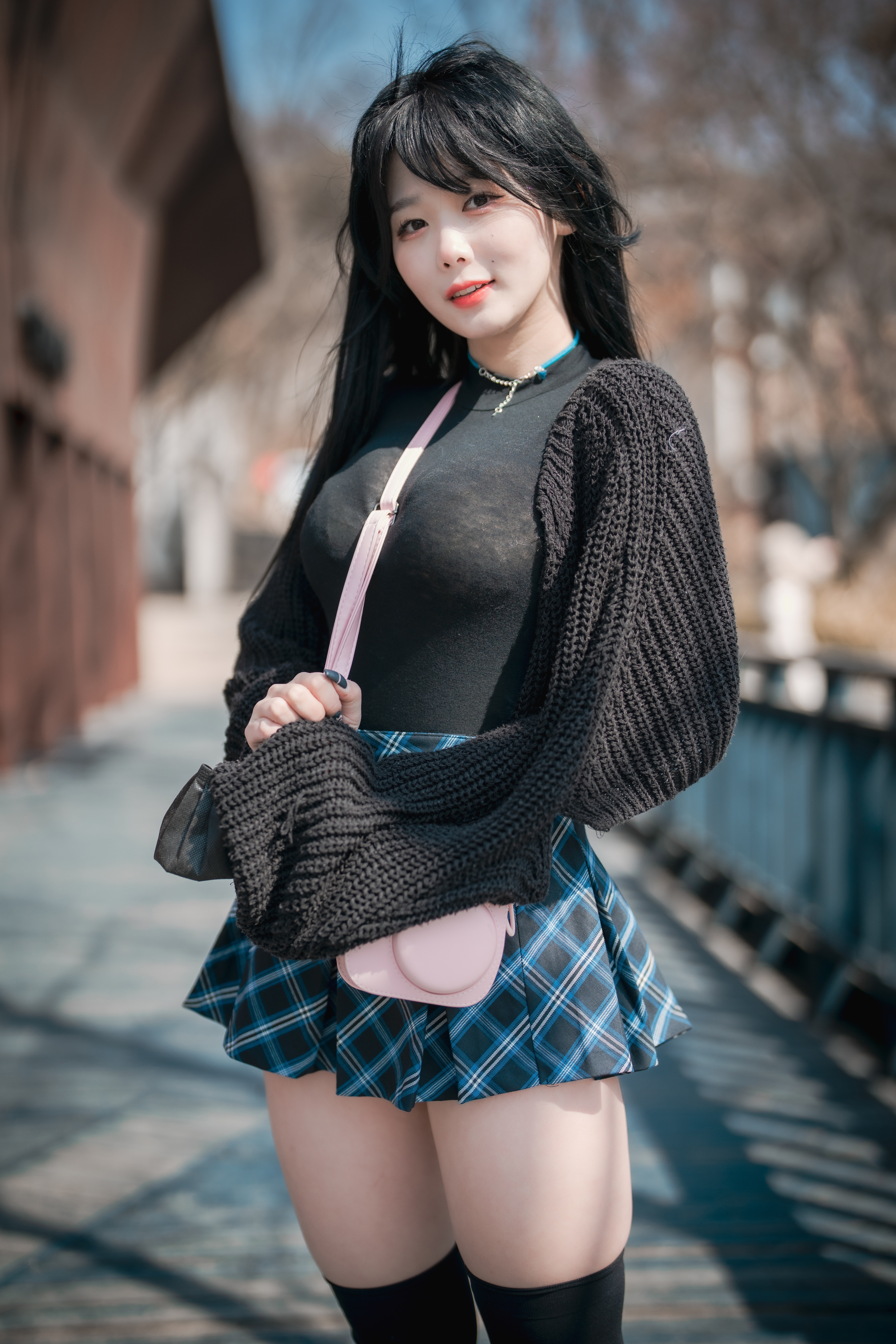 Women Model Asian Korean Women Women Outdoors Sweater Black Top Brunette Smiling Pale 4000x6000