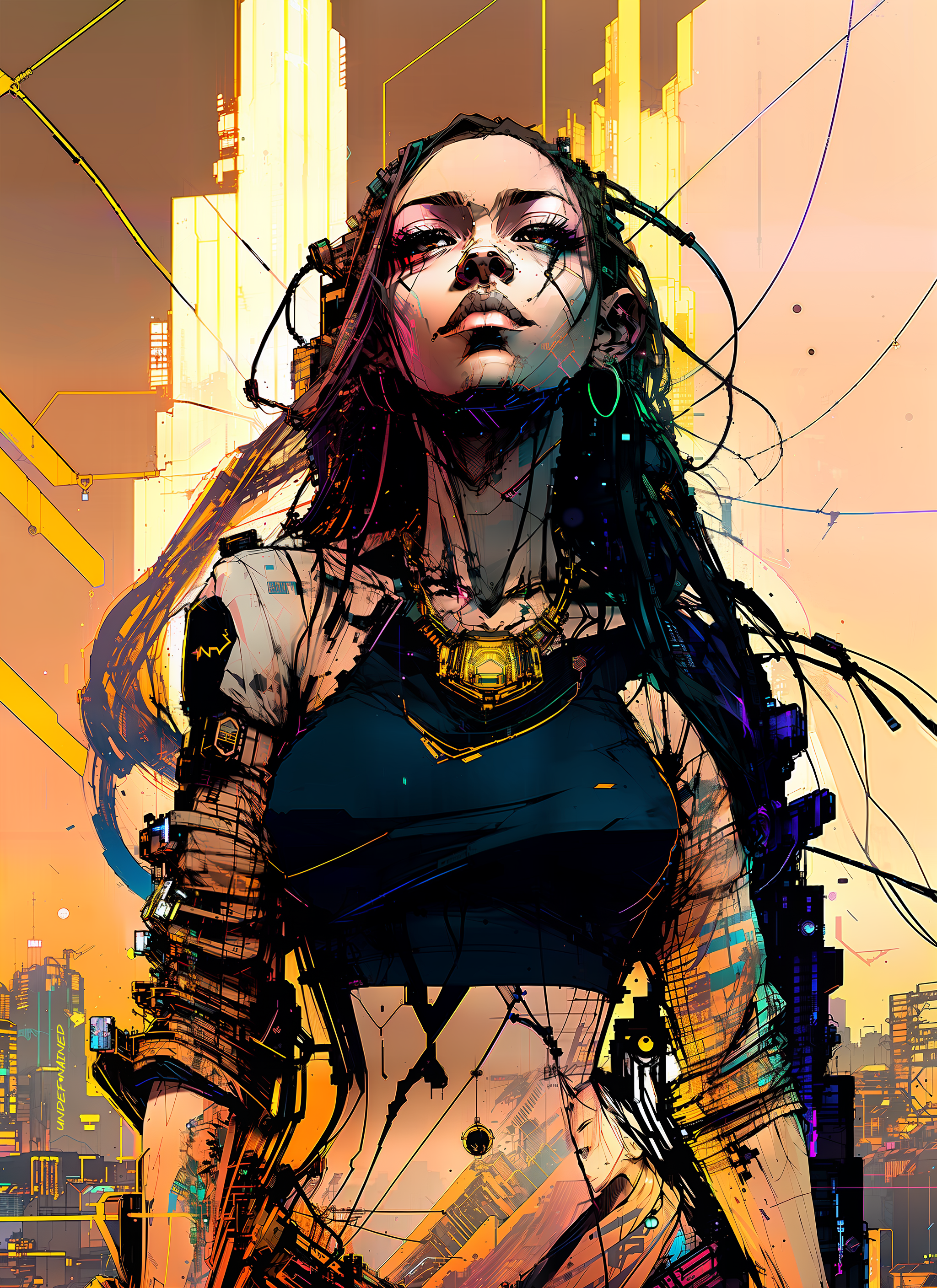 Inkpunk Cyberpunk Ai Art Artwork Vertical Fantasy Art Fantasy Girl 2048x2816