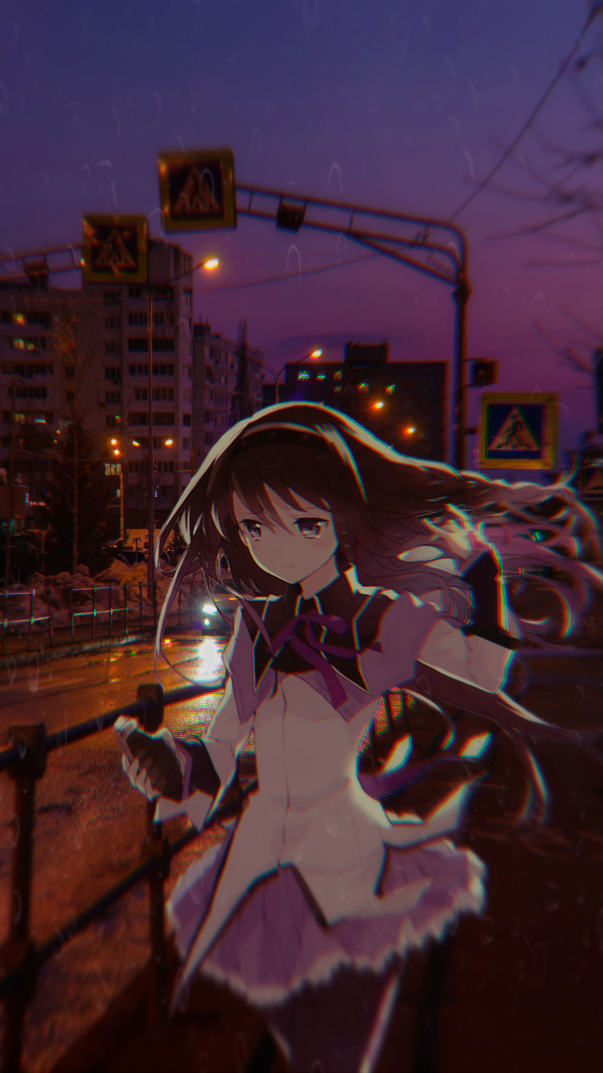 Animeirl Homura Akemi Crying Street Light Portrait Display Anime Girls Long Hair City 1215x2160