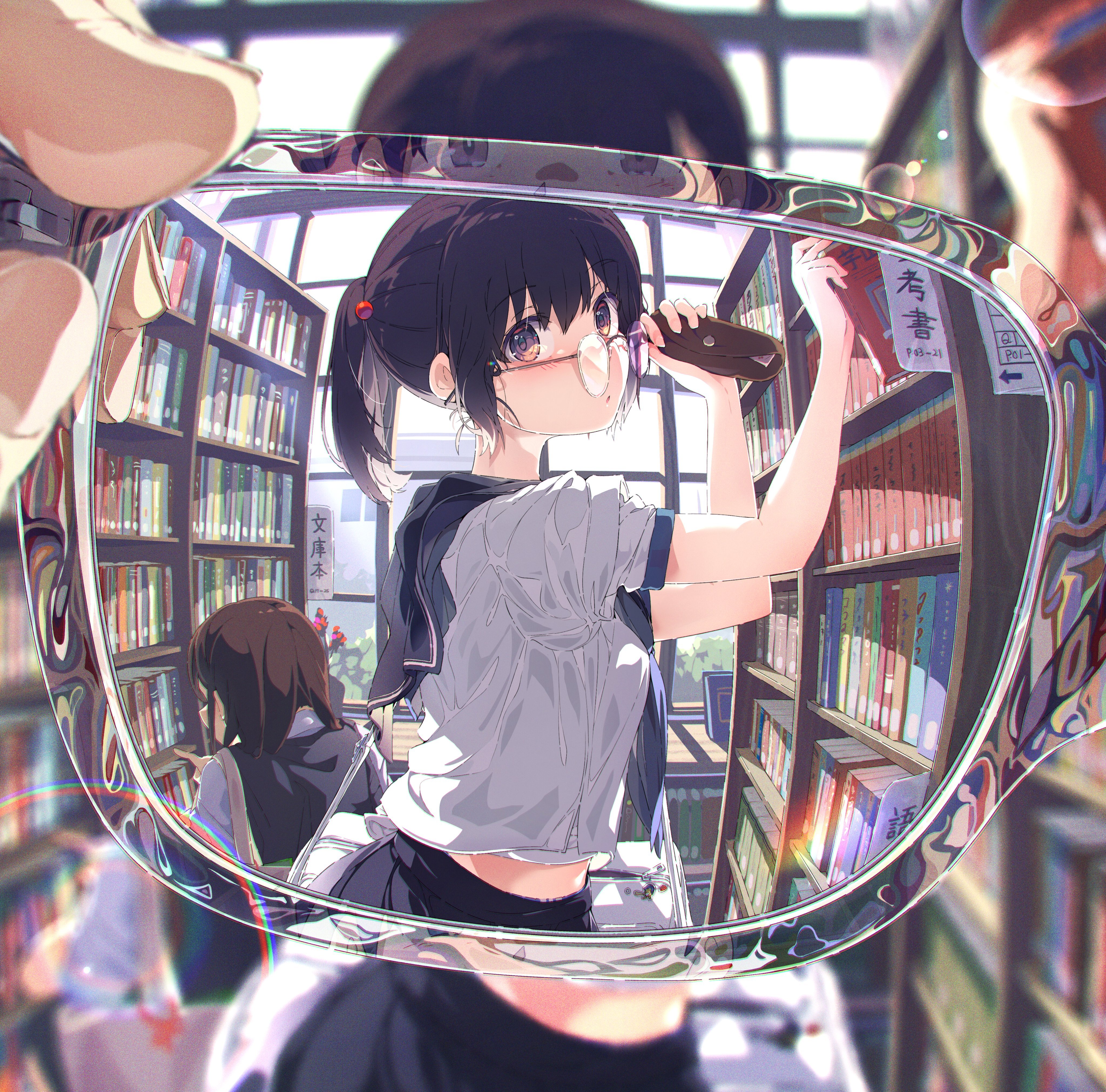Anime Girls School Uniform Glasses Schoolgirl Books Library POV Artwork Ogipote 4096x4043