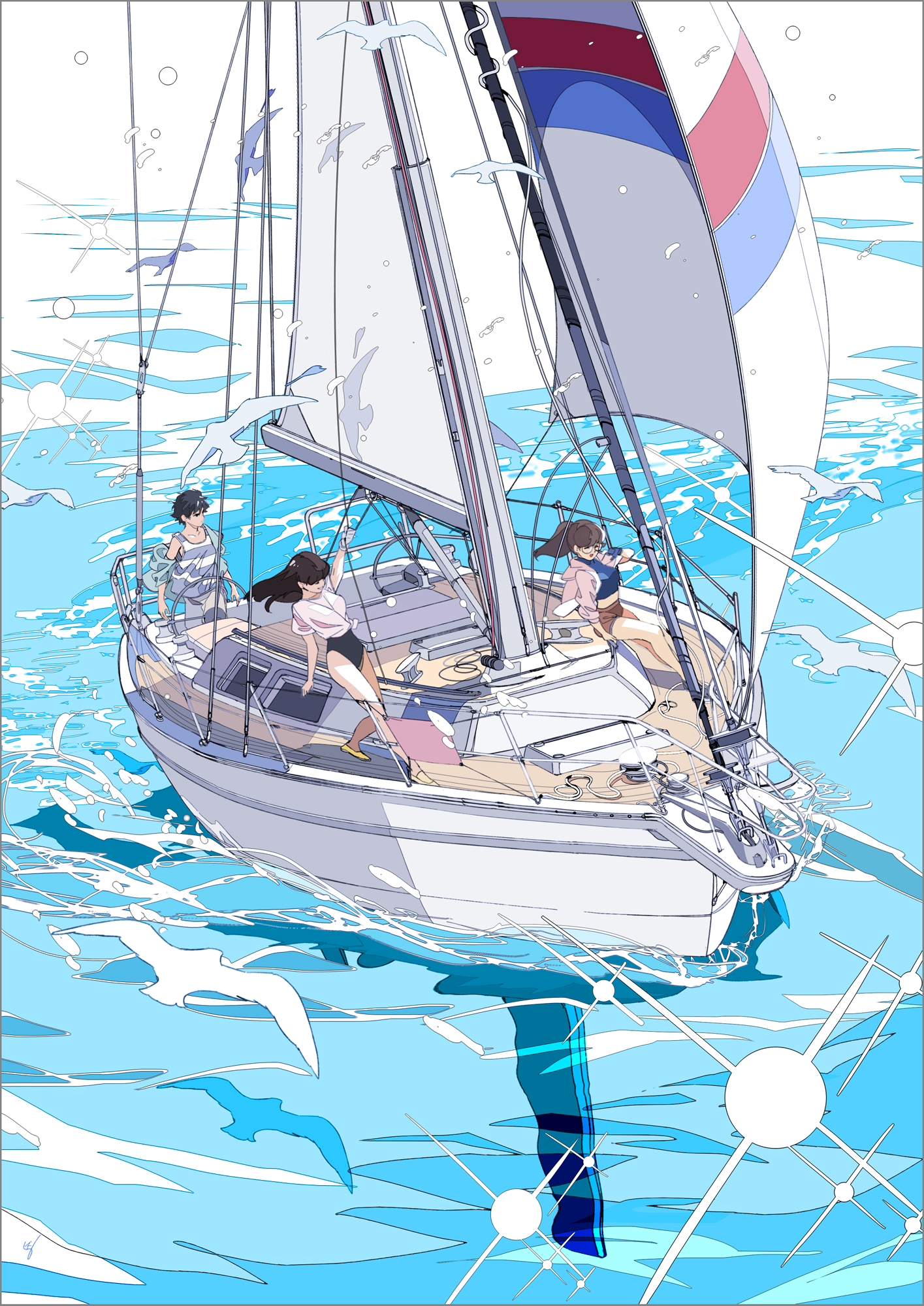 Anime Anime Girls Anime Boys Boat Water Birds Reflection 1415x2000