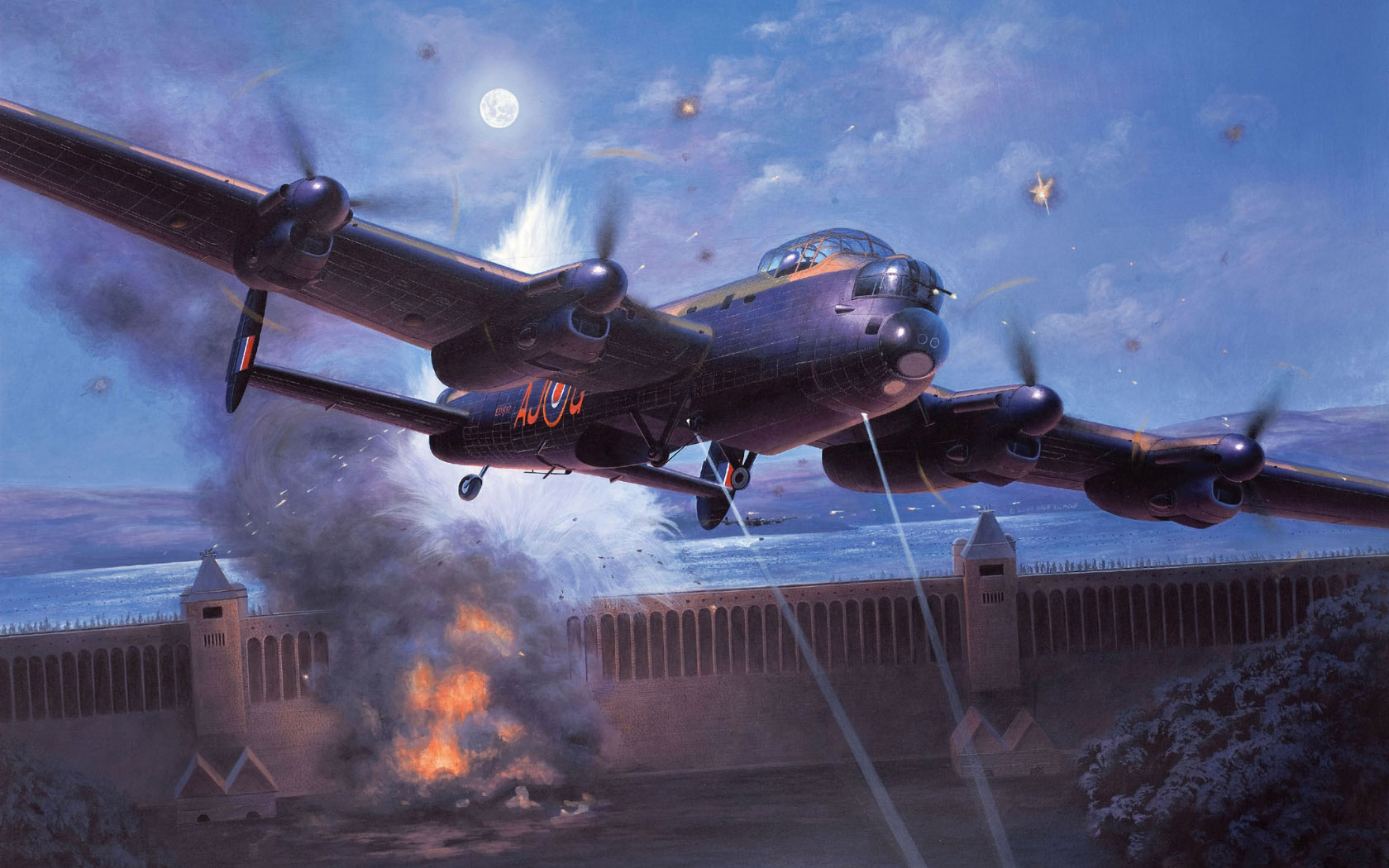 Aircraft Moon Night Flying War Army Military Avro Lancaster Military Vehicle Artwork Sky Clouds Expl 1680x1050